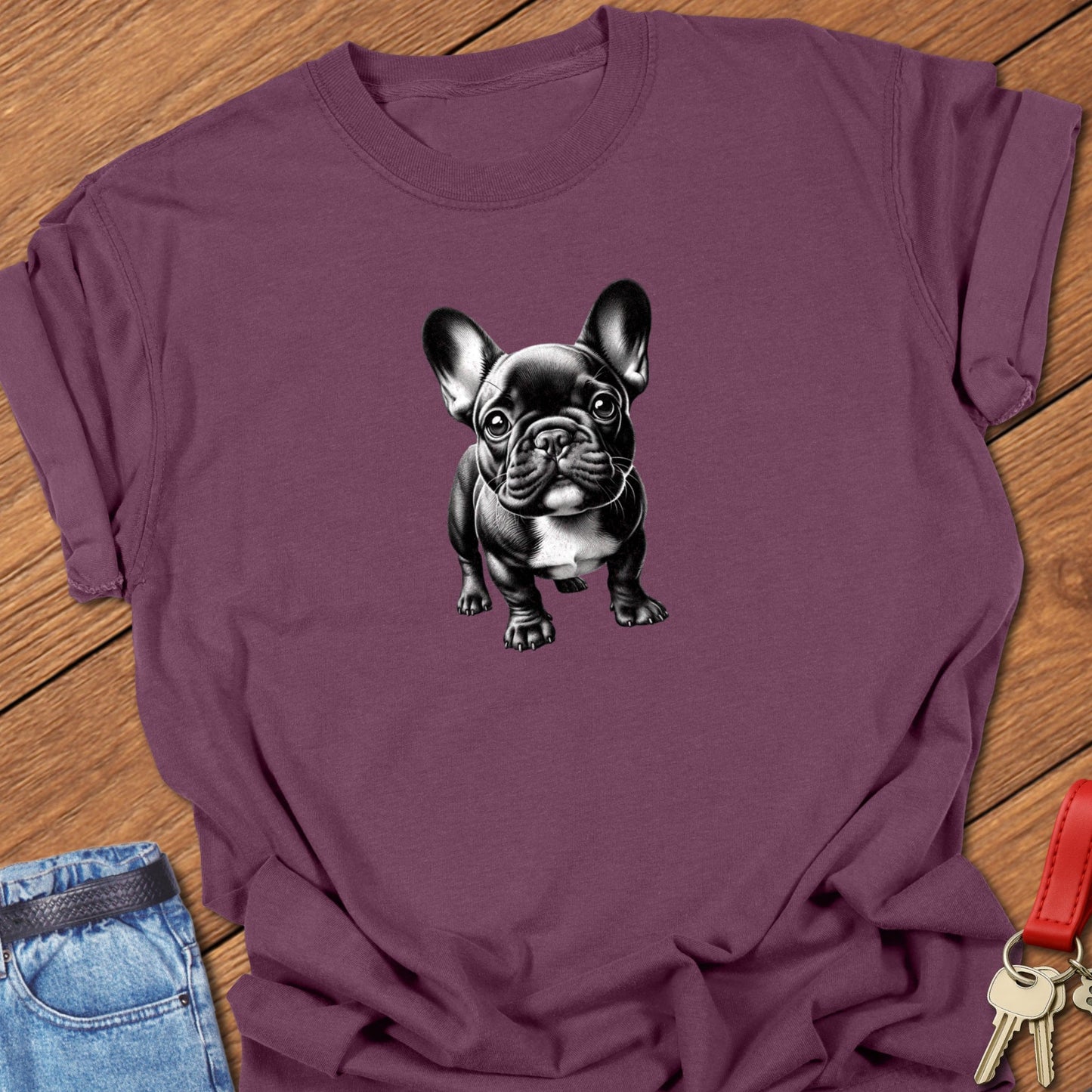 French bulldog realistic black and white illustration printed on berry Comfort Colors t shirt.