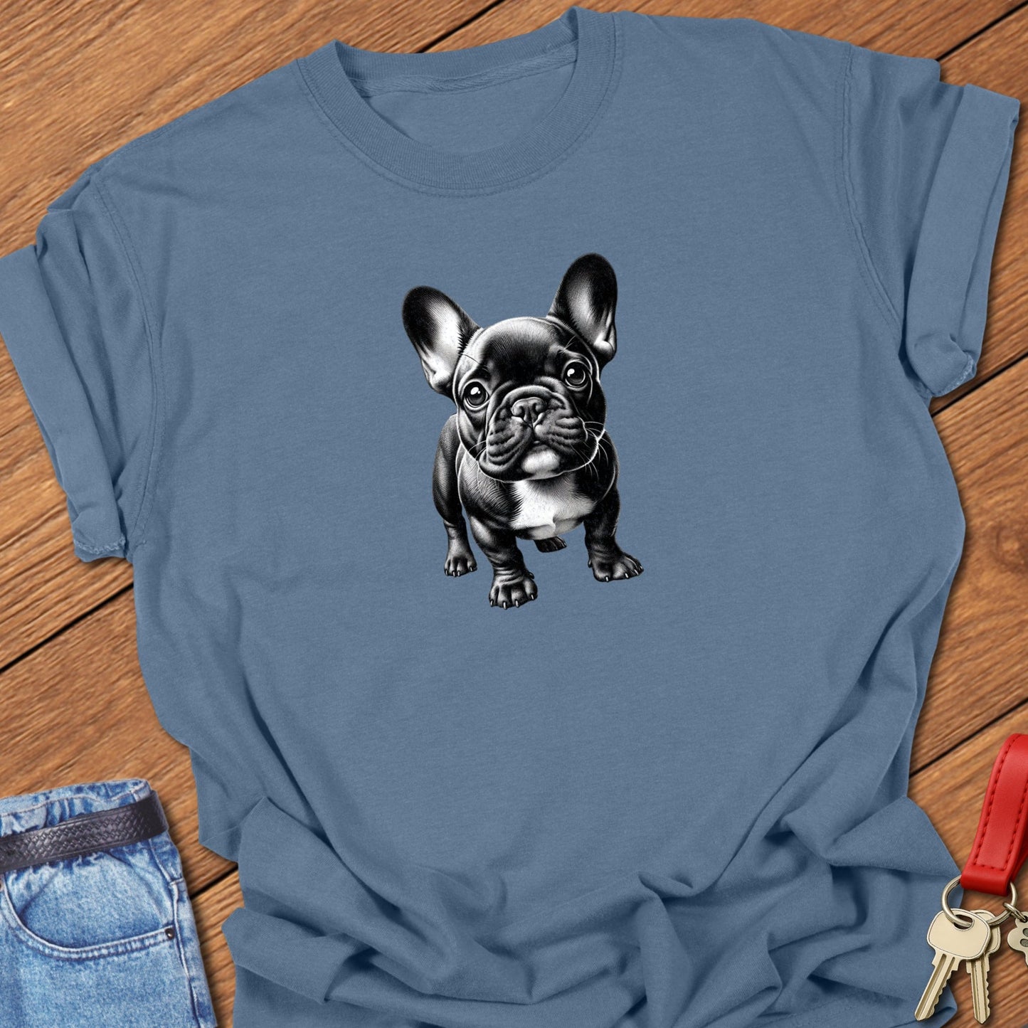 French bulldog realistic black and white illustration printed on blue jean Comfort Colors t shirt.