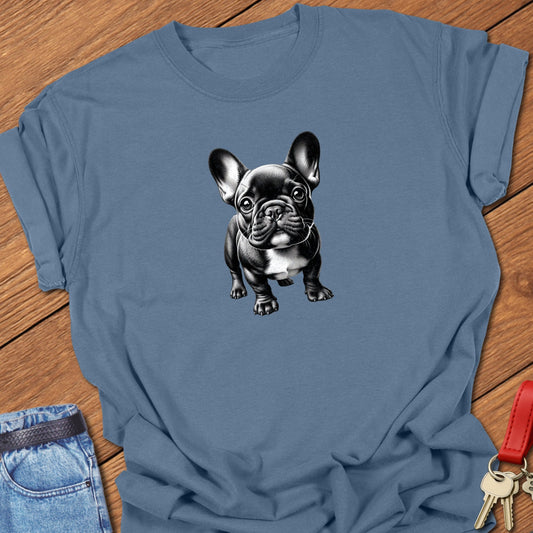 French bulldog realistic black and white illustration printed on blue jean Comfort Colors t shirt.