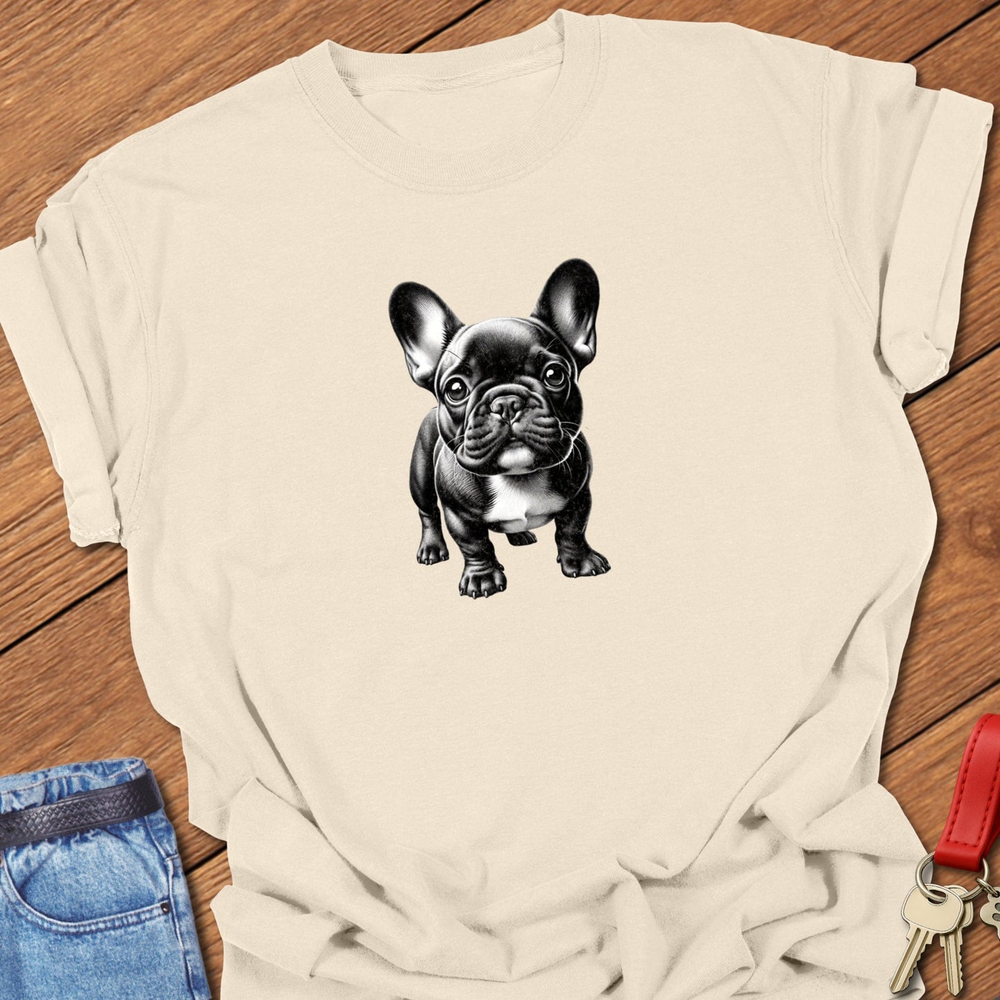 French bulldog realistic black and white illustration printed on ivory Comfort Colors t shir