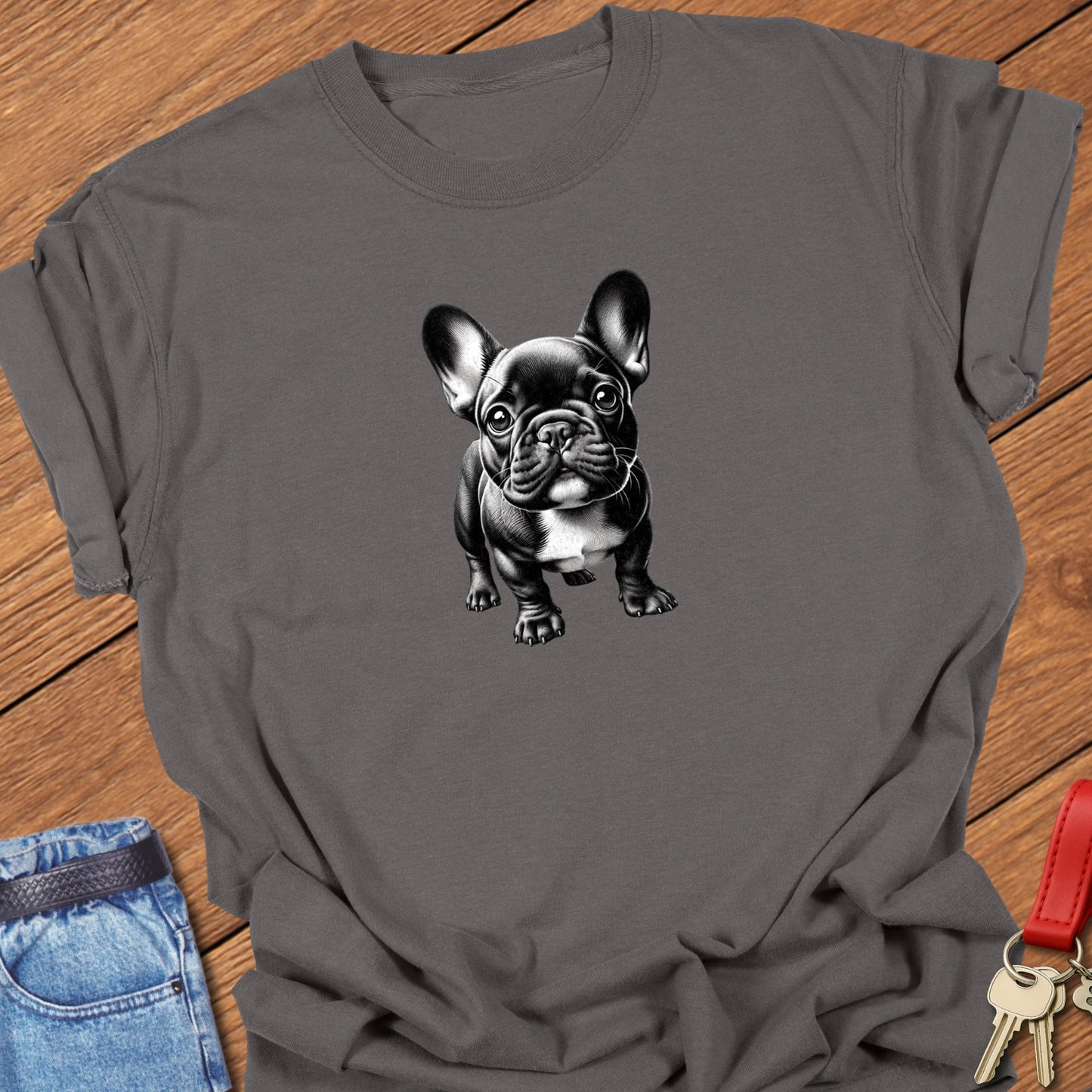 French bulldog realistic black and white illustration printed on pepper Comfort Colors t shirt.