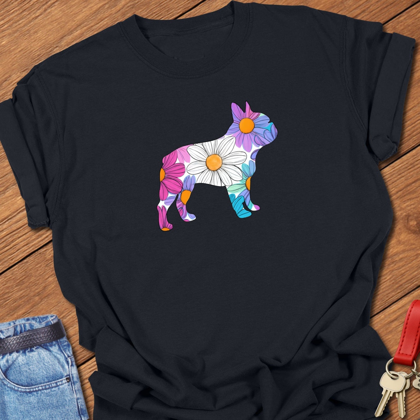 French bulldog floral silhouette design printed on black Comfort Colors t shirt