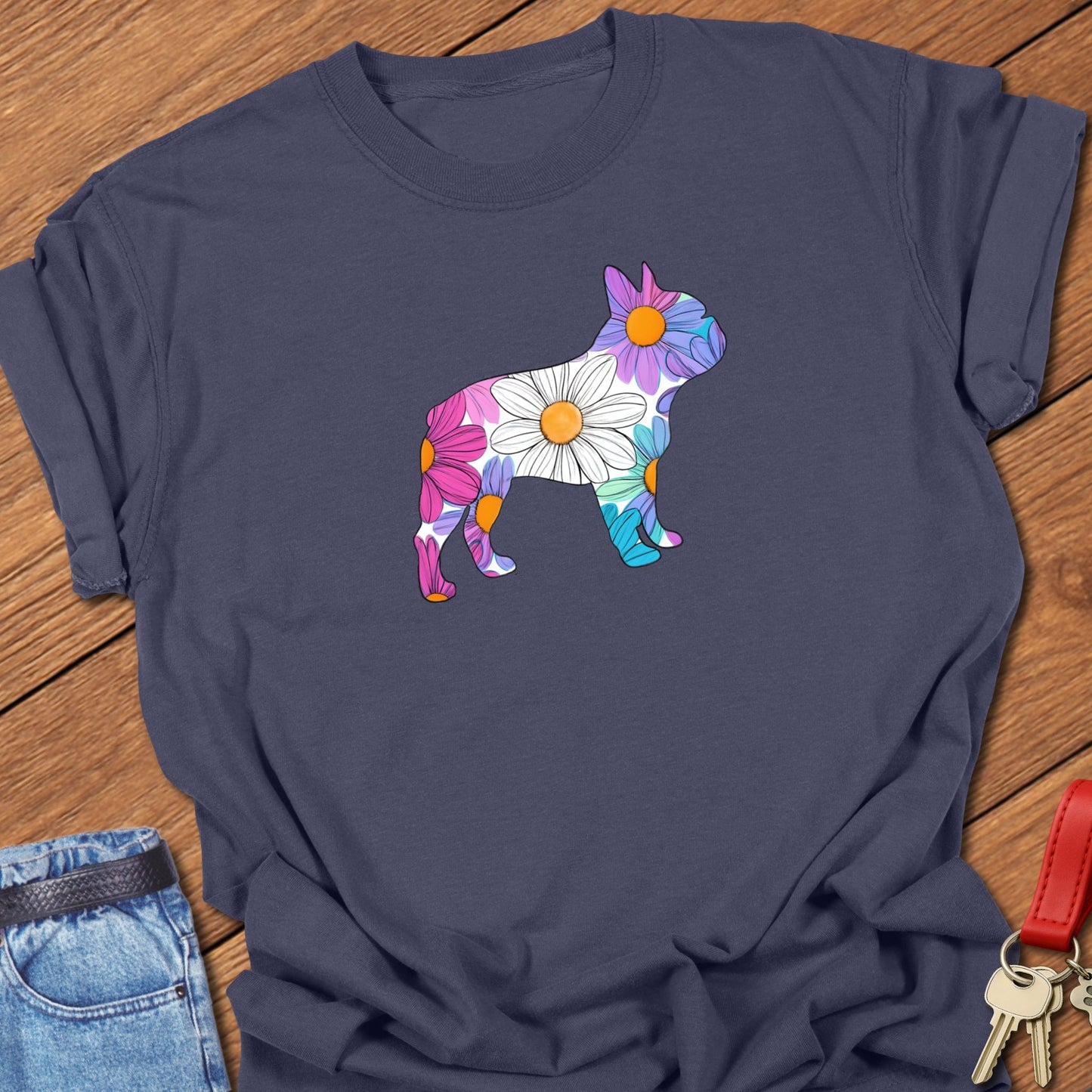 French bulldog floral silhouette design printed on navy Comfort Colors t shirt