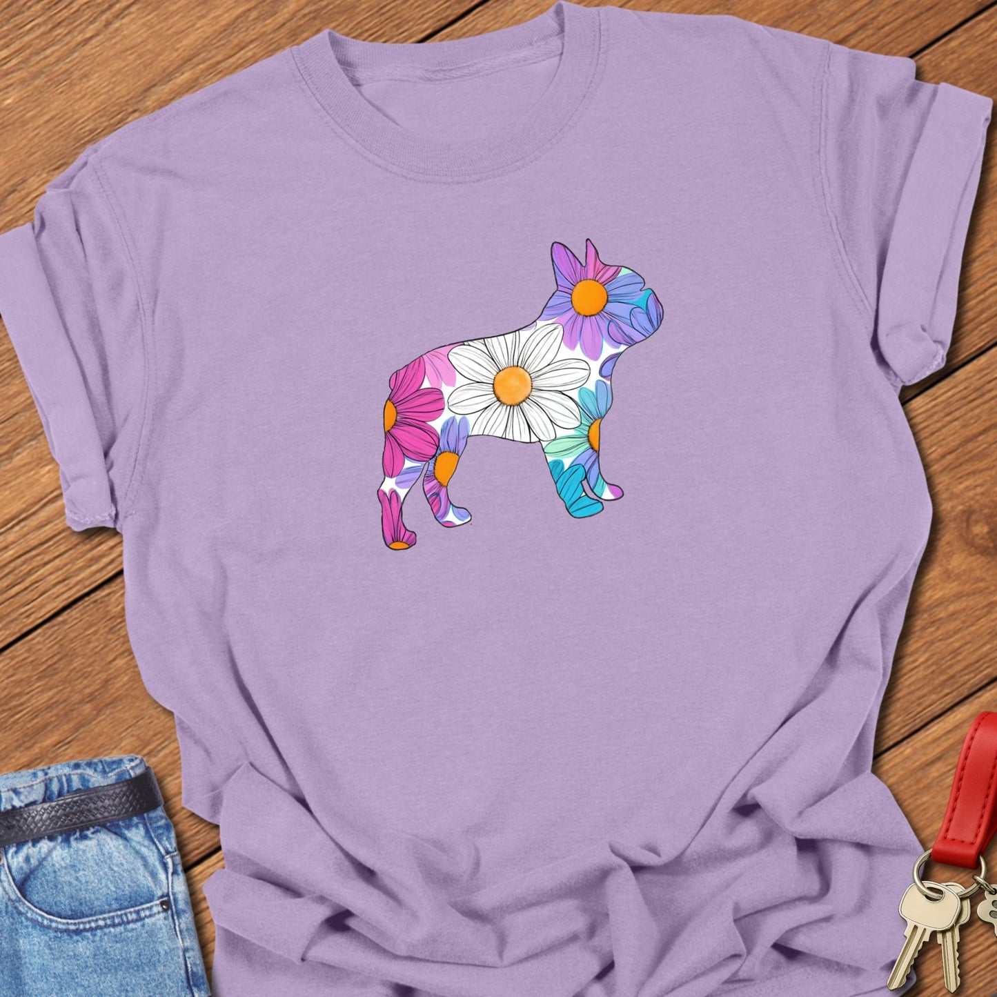 French bulldog floral silhouette design printed on orchid Comfort Colors t shirt