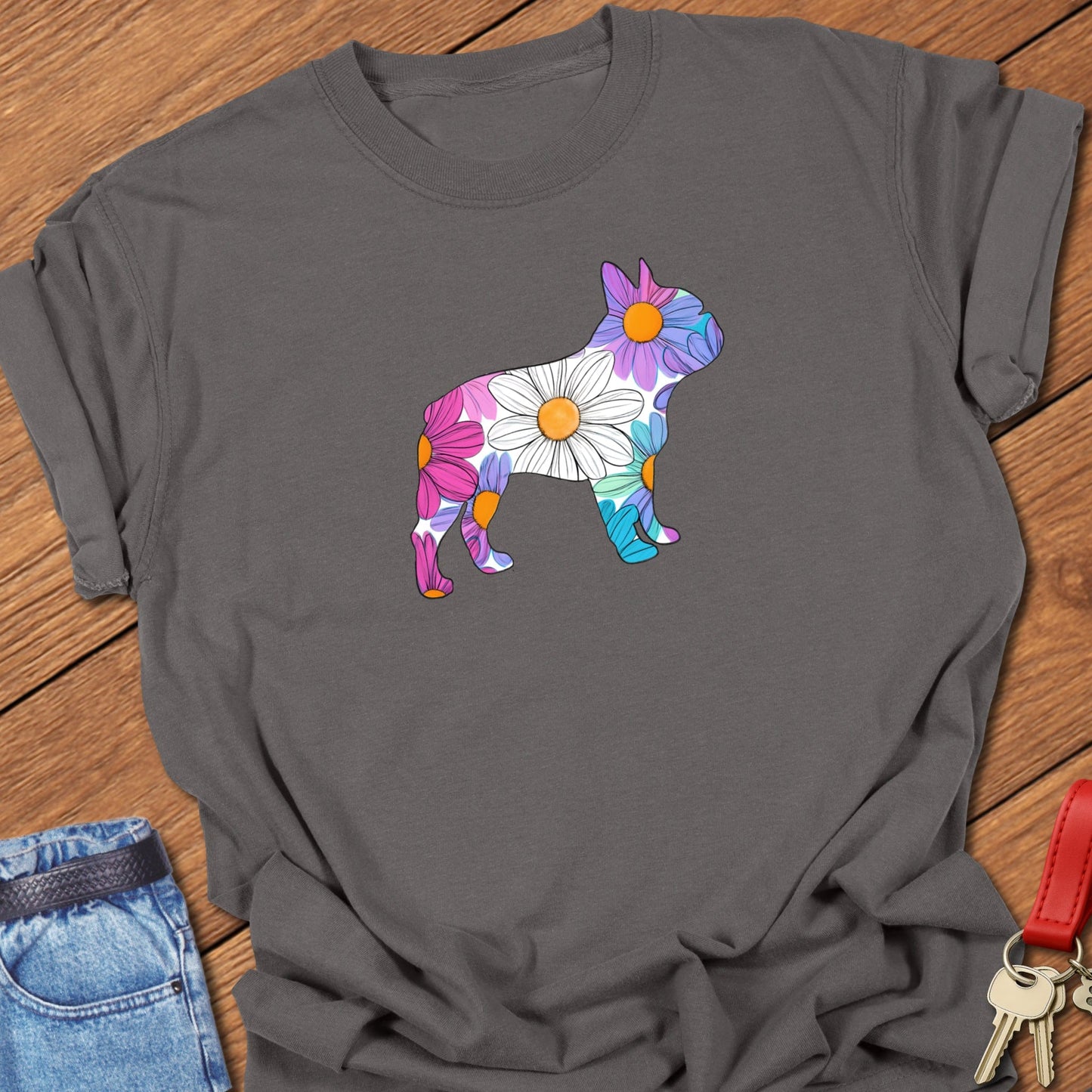 French bulldog floral silhouette design printed on pepper Comfort Colors t shirt