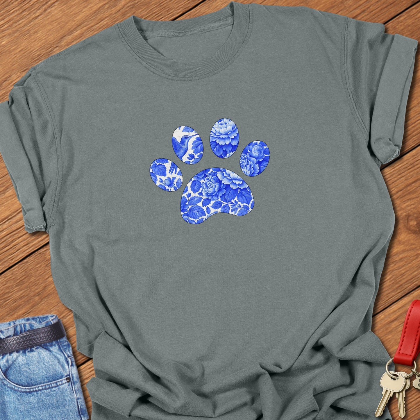 French bulldog blue floral paw print design printed on granite Comfort Colors t shirt