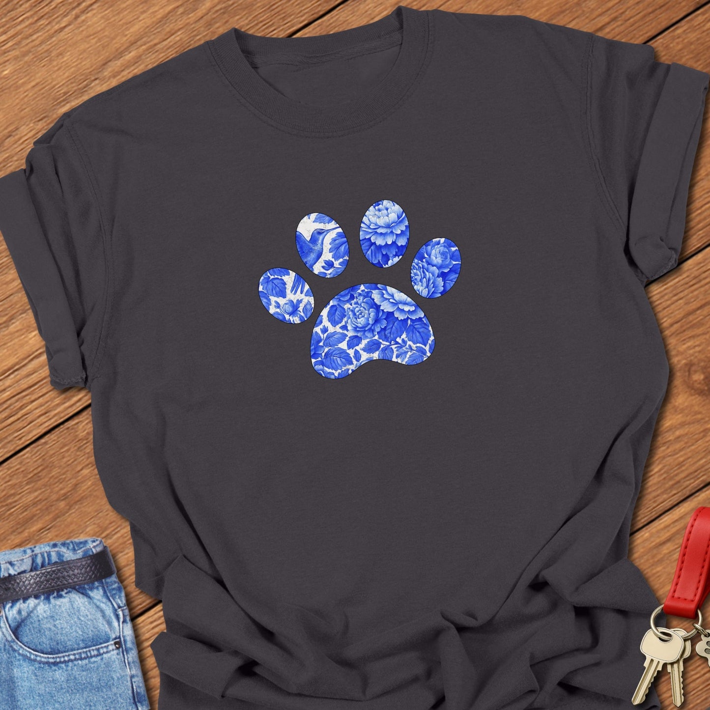 French bulldog blue floral paw print design printed on graphite Comfort Colors t shirt