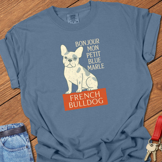 French bulldog vintage French typography illustration with blue merle Frenchie graphic printed on blue jean Comfort Colors t shirt