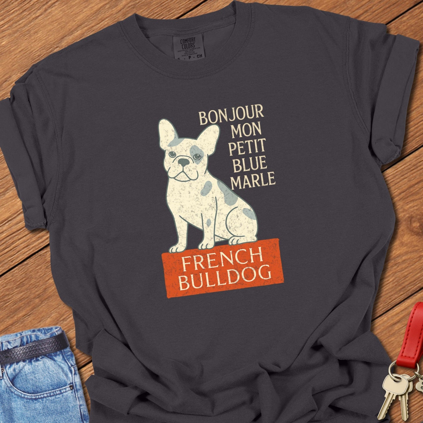 French bulldog vintage French typography illustration with blue merle Frenchie graphic printed on granite Comfort Colors t shirt