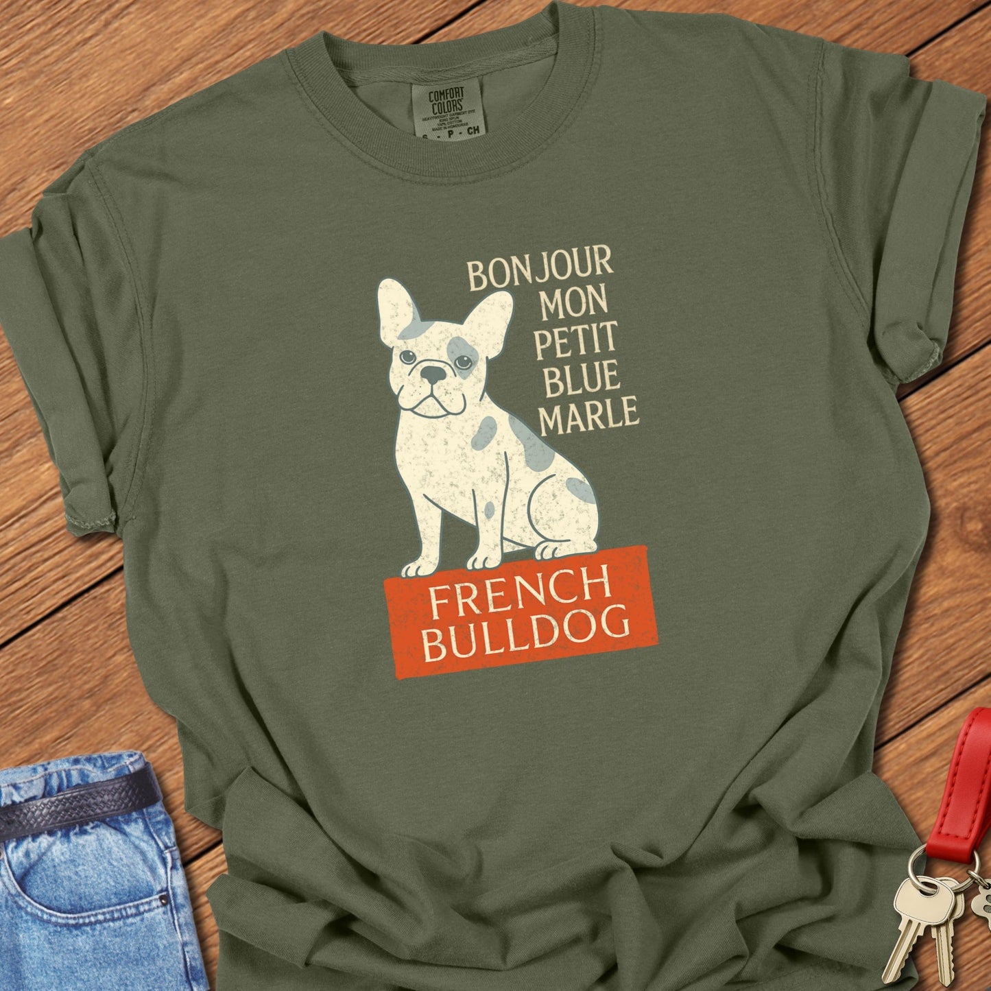 French bulldog vintage French typography illustration with blue merle Frenchie graphic printed on hemp Comfort Colors t shirt