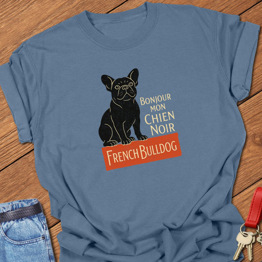 French bulldog vintage French typography illustration with black Frenchie graphic and Bonjour mon chien noir text printed on blue jean Comfort Colors t shirt