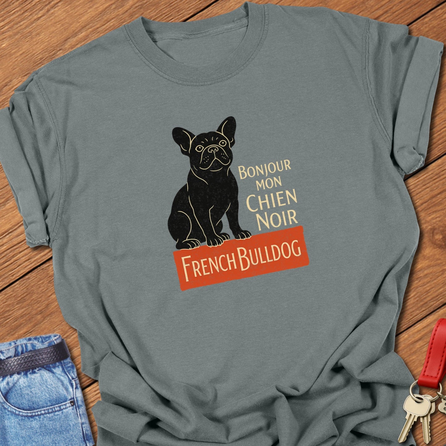 French bulldog vintage French typography illustration with black Frenchie graphic and Bonjour mon chien noir text printed on granite Comfort Colors t shirt