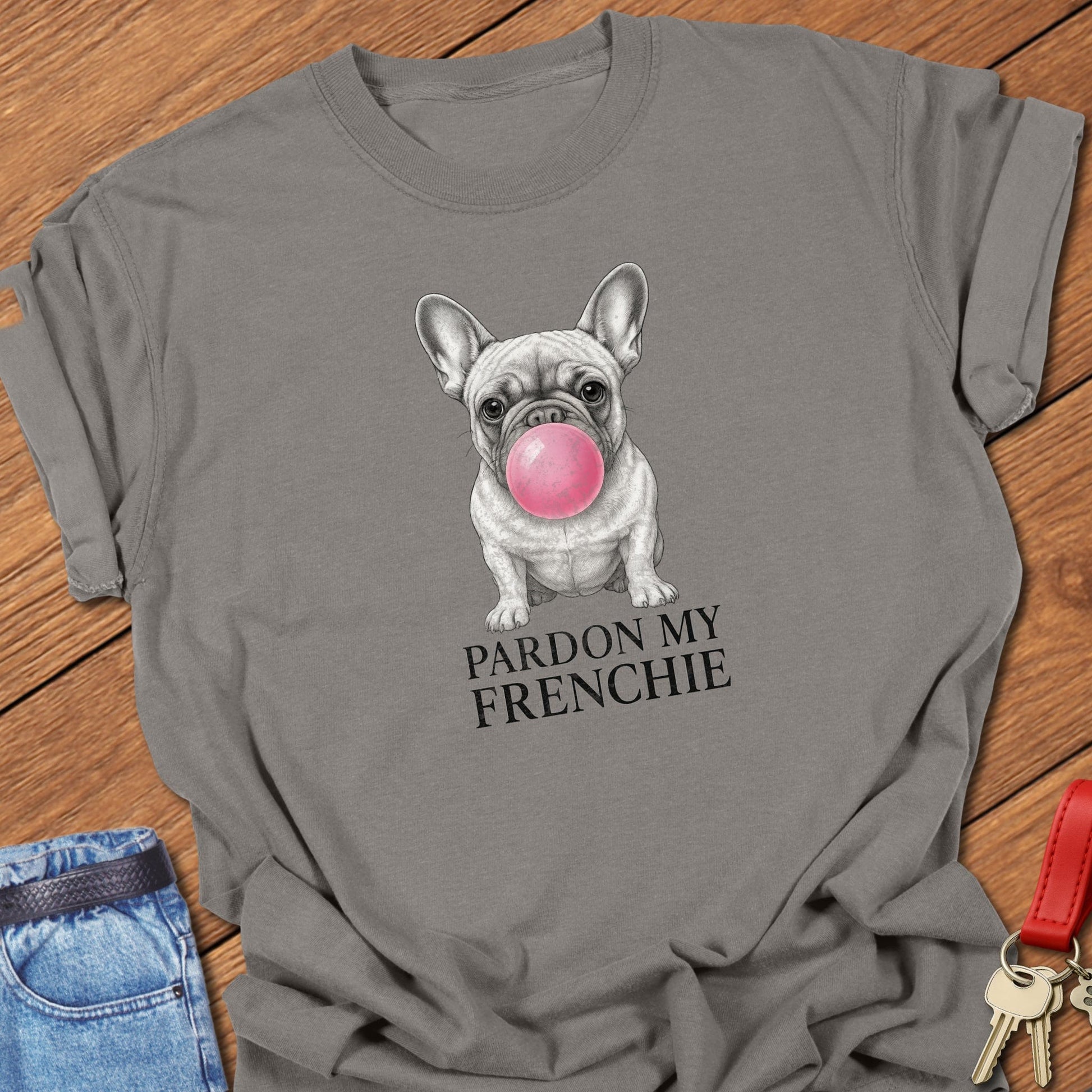 French bulldog bubble gum illustration with “Pardon My Frenchie” text printed on grey Comfort Colors t shirt