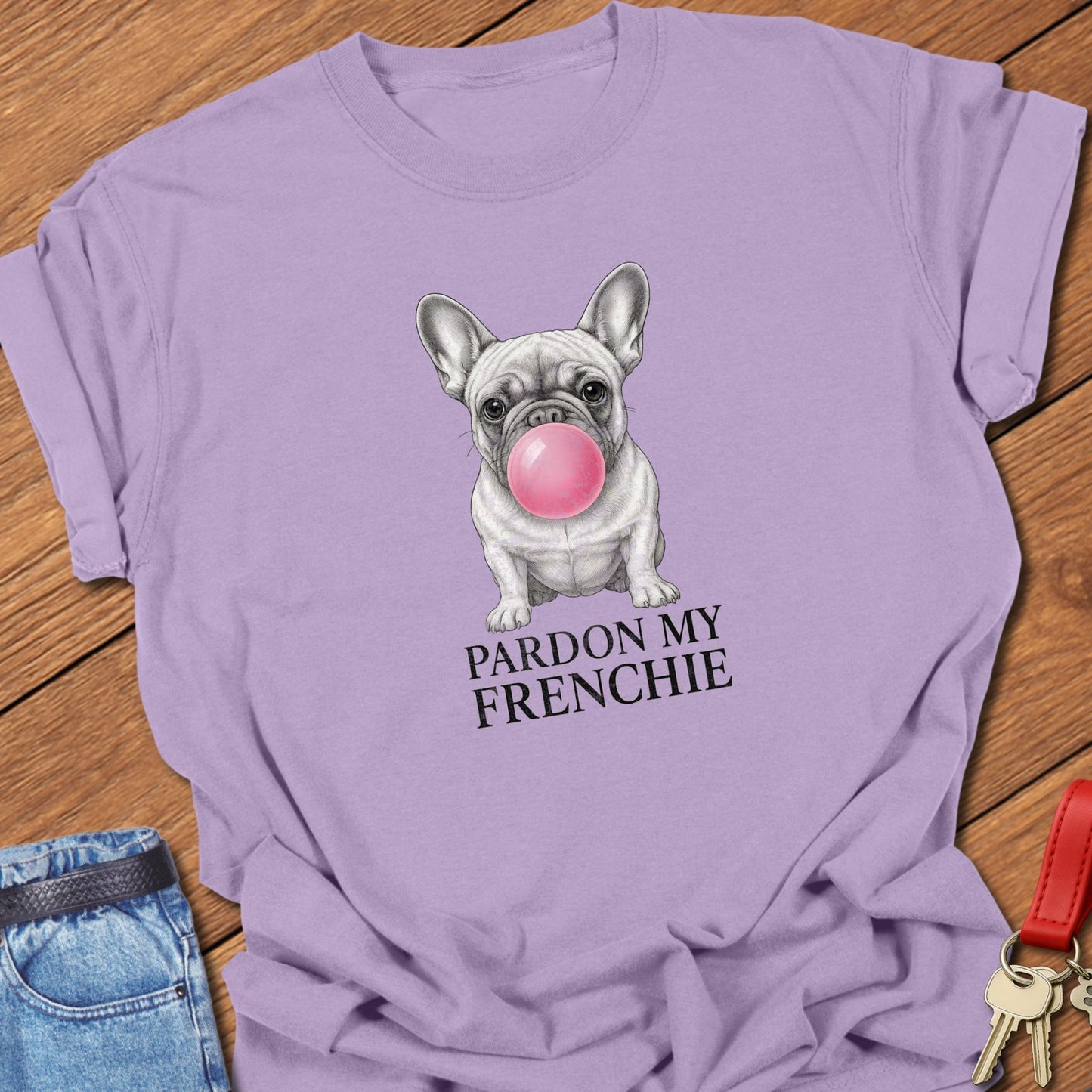 French bulldog bubble gum illustration with “Pardon My Frenchie” text printed on orchid Comfort Colors t shirt