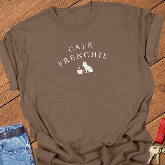 Café Frenchie French Bulldog graphic t-shirt in Comfort Colors Espresso featuring a coffee cup and Frenchie silhouette design in soft ivory ink.