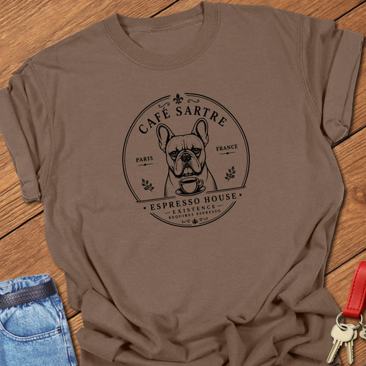 Café Sartre French Bulldog graphic t-shirt featuring "Existence Requires Espresso" slogan with vintage Paris café artwork in Espresso color.