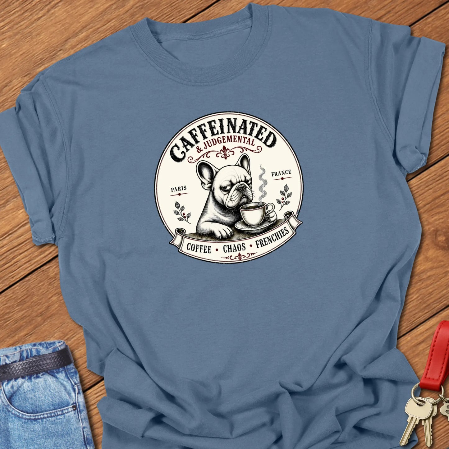 Chaos & Coffee French Bulldog t-shirt featuring a vintage café design and the slogan "Frenchies • Coffee • Chaos" in Blue Jean color.