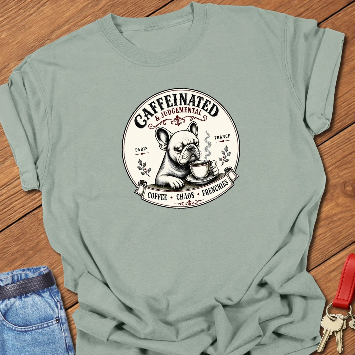 Chaos & Coffee French Bulldog t-shirt featuring a vintage café design and the slogan "Frenchies • Coffee • Chaos" in Bay color.