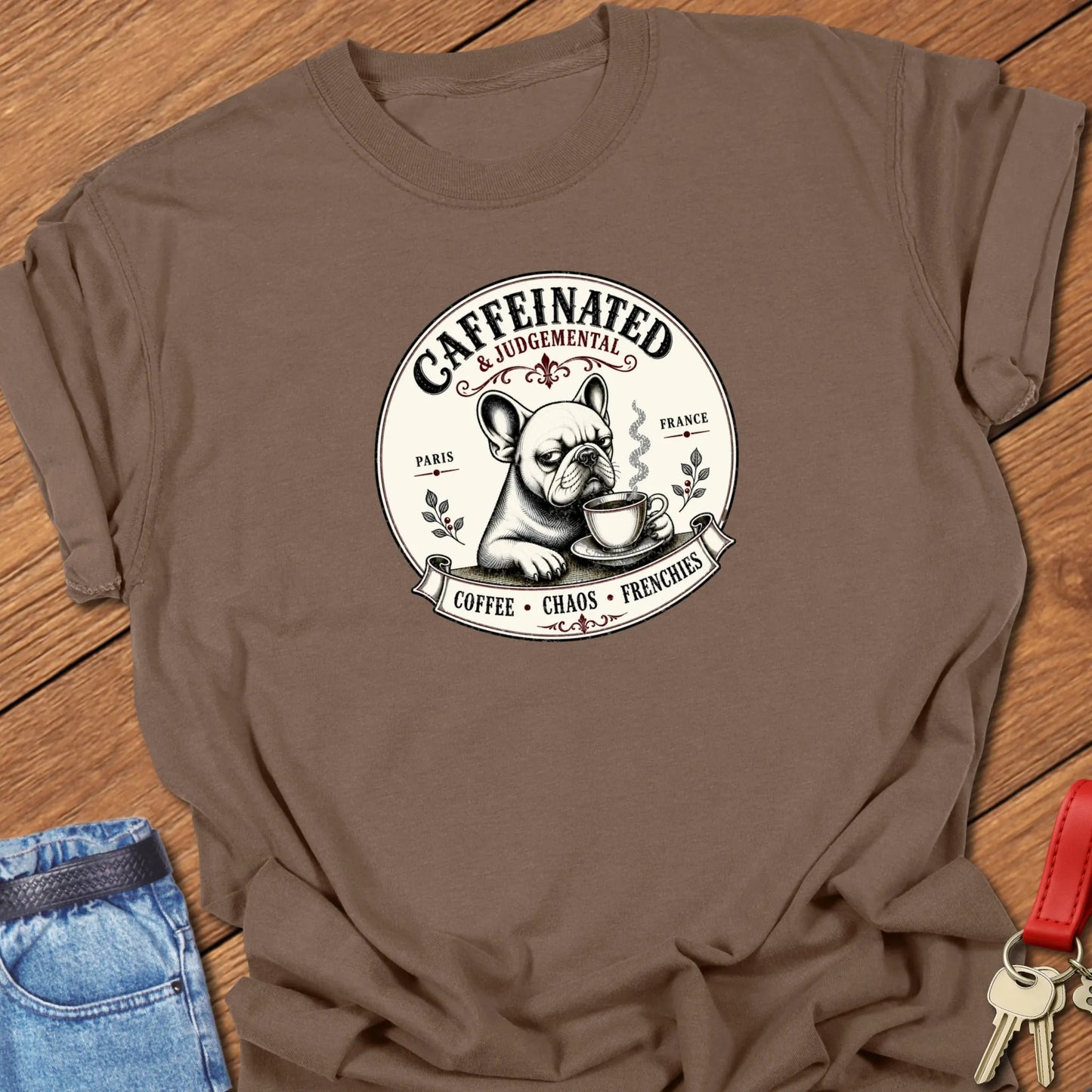 Coffee and Chaos French Bulldog graphic t-shirt featuring a coffee-drinking Frenchie, "Caffeinated & Judgemental" slogan, and vintage café artwork in Espresso color.