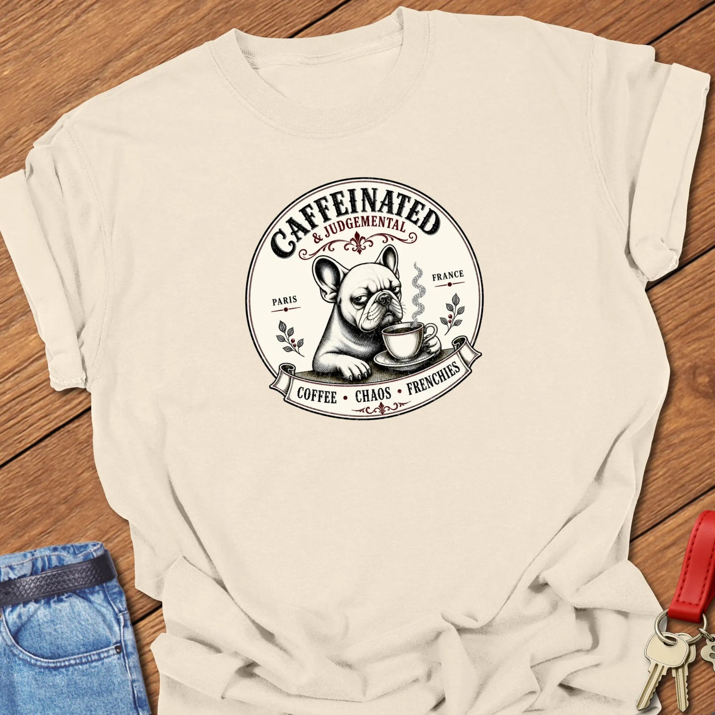 Coffee and Chaos French Bulldog graphic t-shirt featuring a coffee-drinking Frenchie, "Caffeinated & Judgemental" slogan, and vintage café artwork in Ivory color.