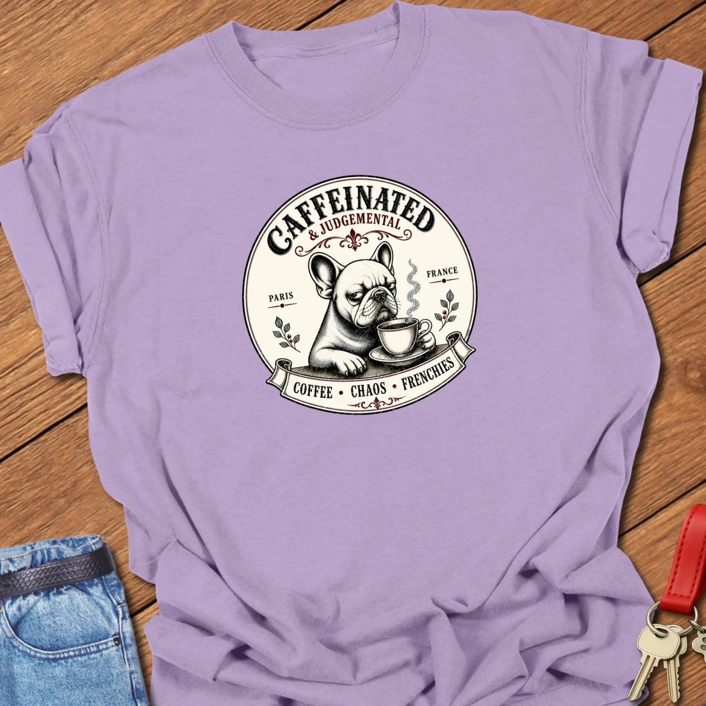 Chaos & Coffee French Bulldog t-shirt featuring a vintage café design and the slogan "Frenchies • Coffee • Chaos" in Orchid color.