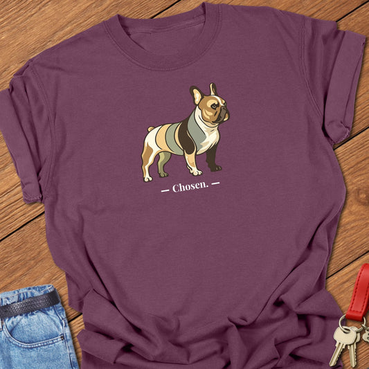 French bulldog multicolor patchwork illustration with chosen text printed on berry Comfort Colors t shirt.