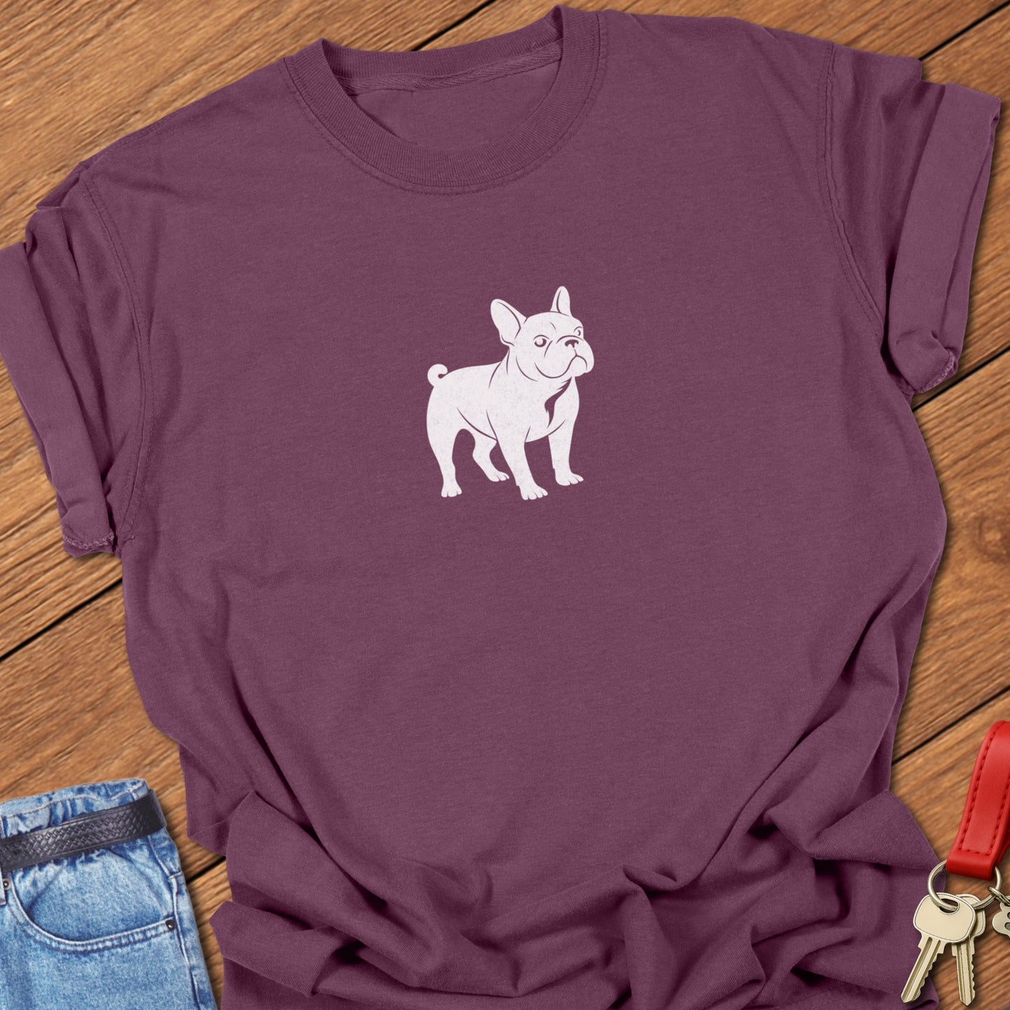 Minimalist French Bulldog silhouette illustration for a Frenchie dog mom t-shirt printed on Comfort Colors garment-dyed cotton in Berry.