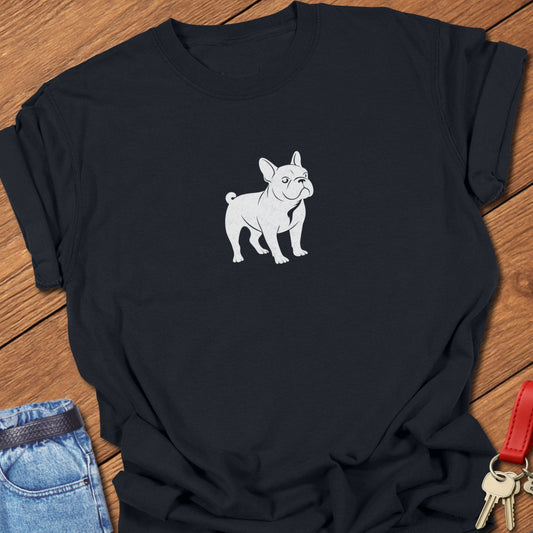 Minimalist French Bulldog silhouette illustration for a Frenchie dog mom t-shirt printed on Comfort Colors garment-dyed cotton in Black.