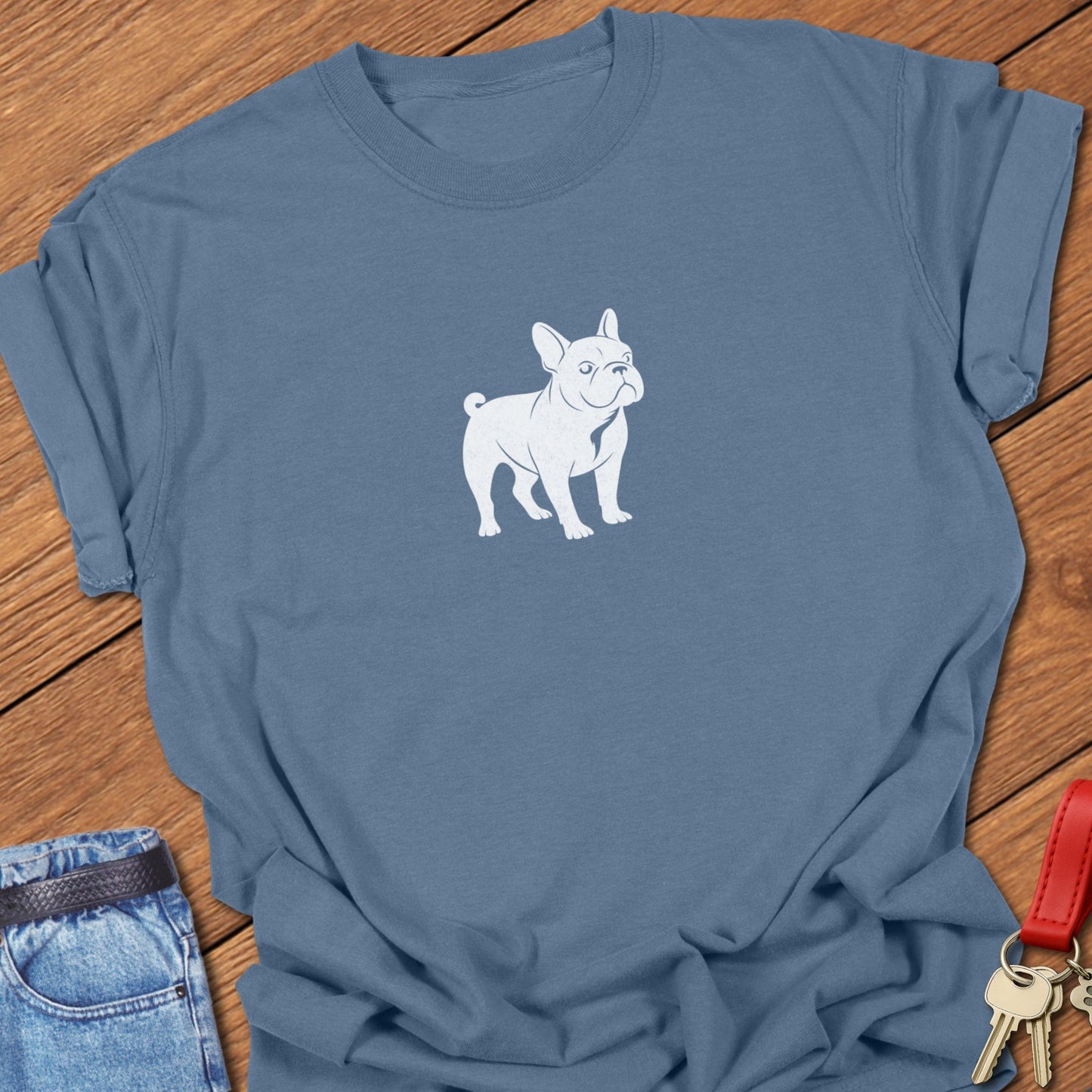Minimalist French Bulldog silhouette illustration for a Frenchie dog mom t-shirt printed on Comfort Colors garment-dyed cotton in Blue Jean.