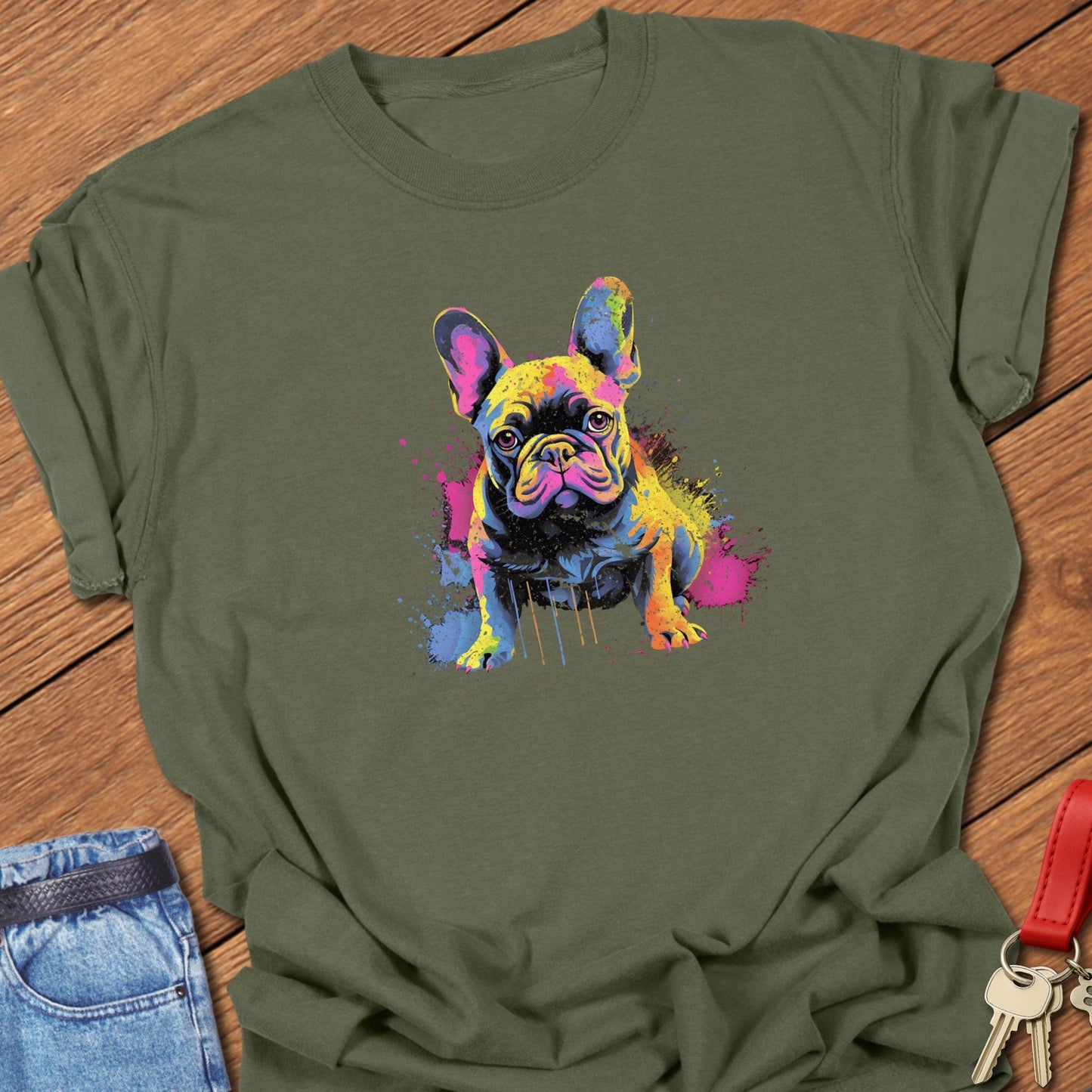 French bulldog colorful paint splatter portrait printed on hemp Comfort Colors t shirt