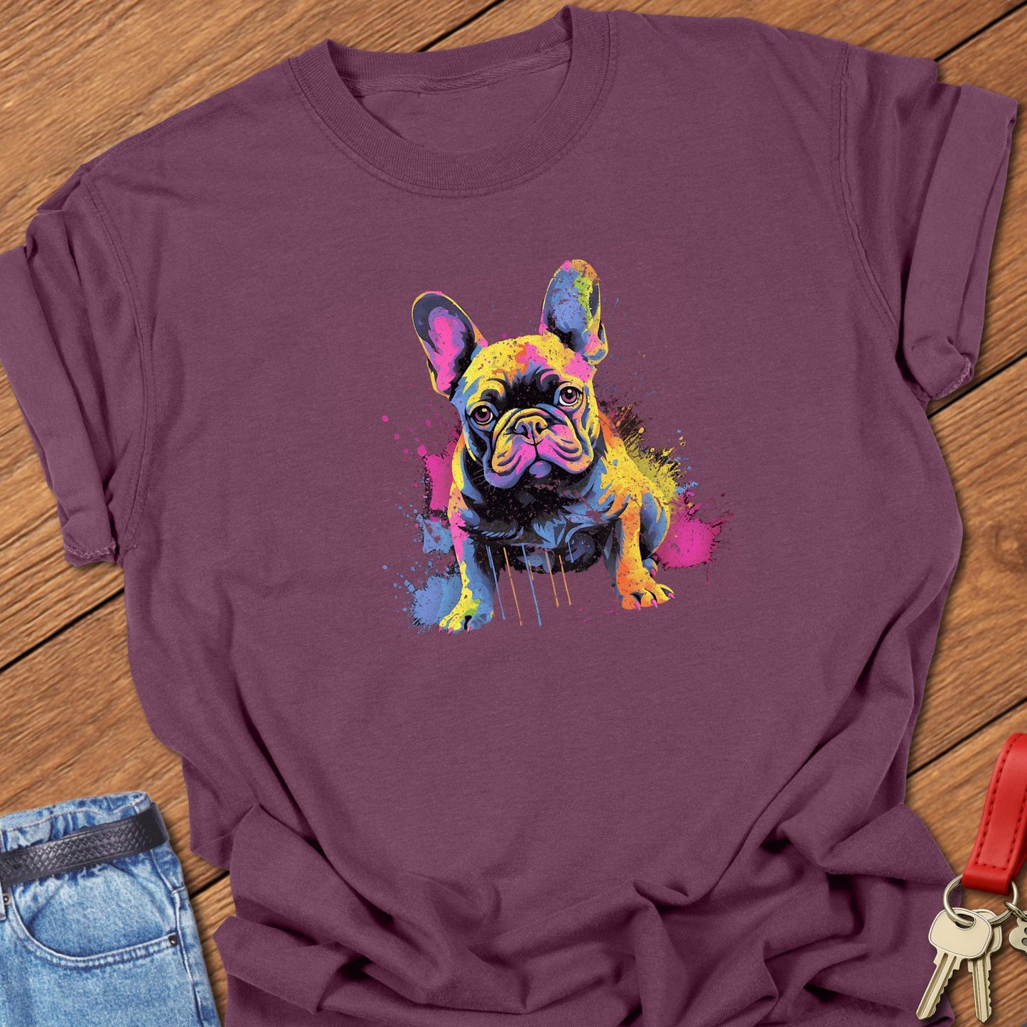 French bulldog colorful paint splatter portrait printed on berry Comfort Colors t shirt