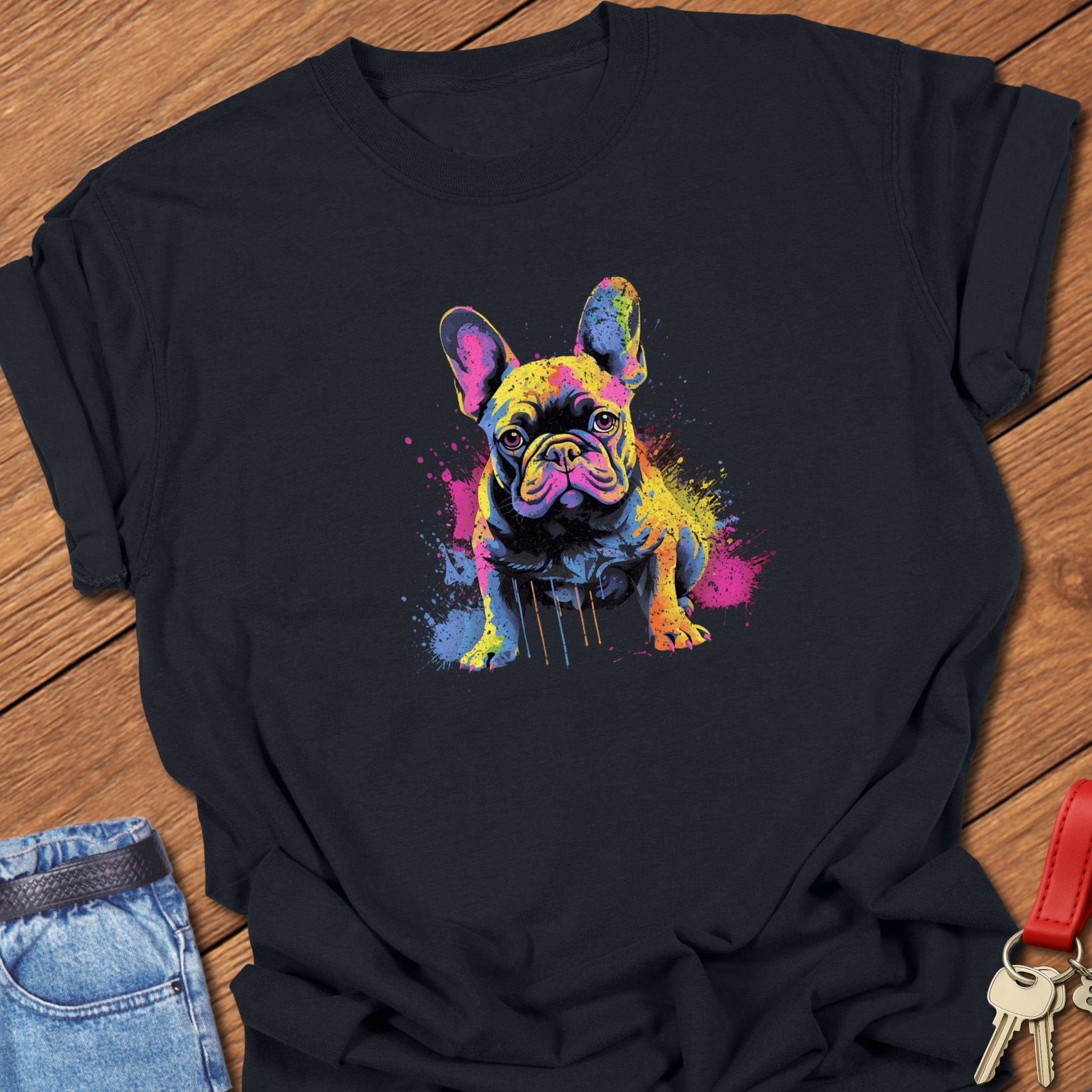 French bulldog colorful paint splatter portrait printed on black Comfort Colors t shirt