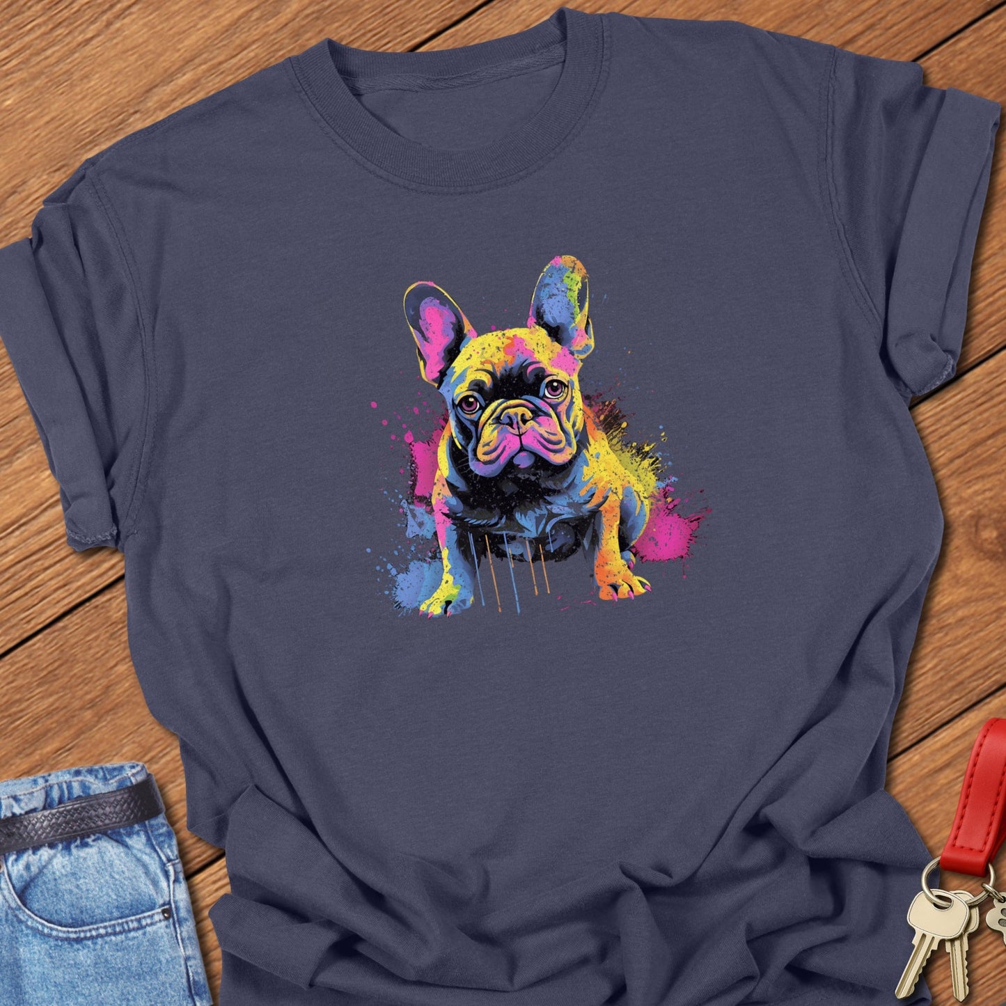 French bulldog colorful paint splatter portrait printed on navy Comfort Colors t shirt