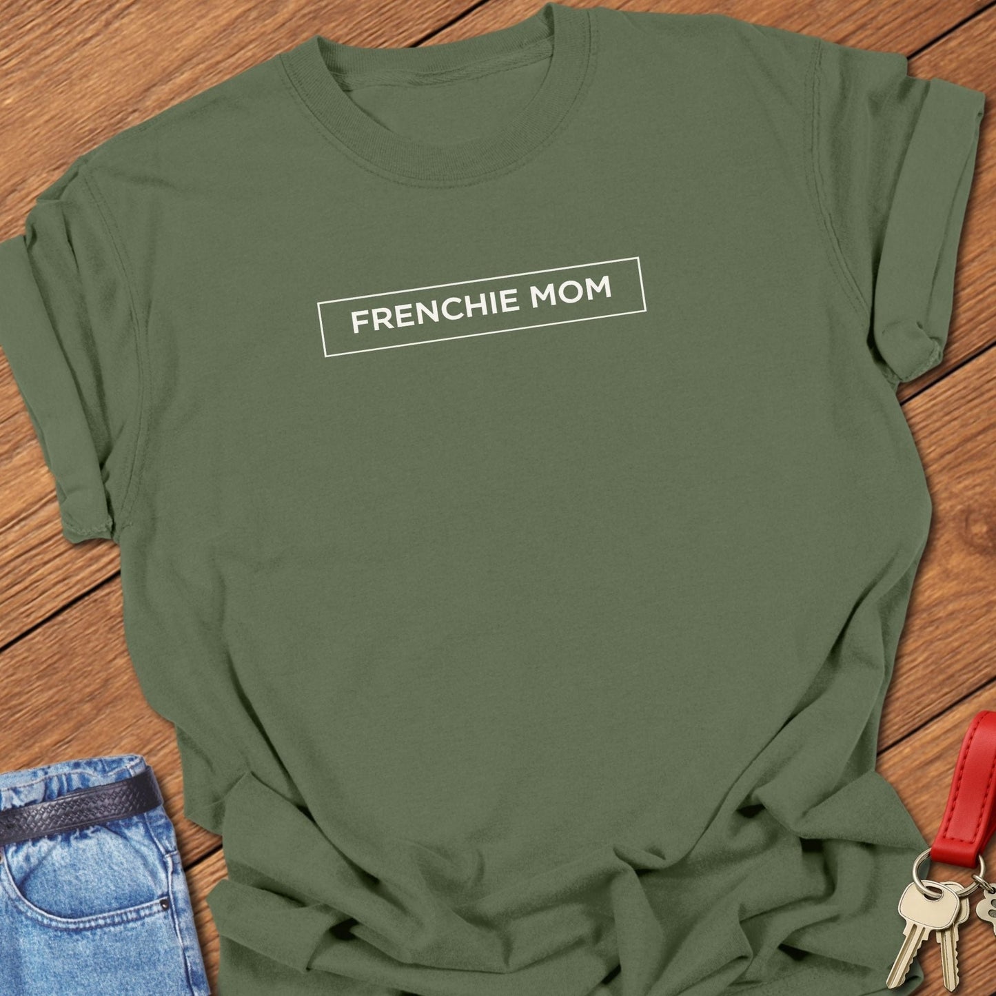 French bulldog frenchie mom text graphic printed on moss Comfort Colors t shirt.