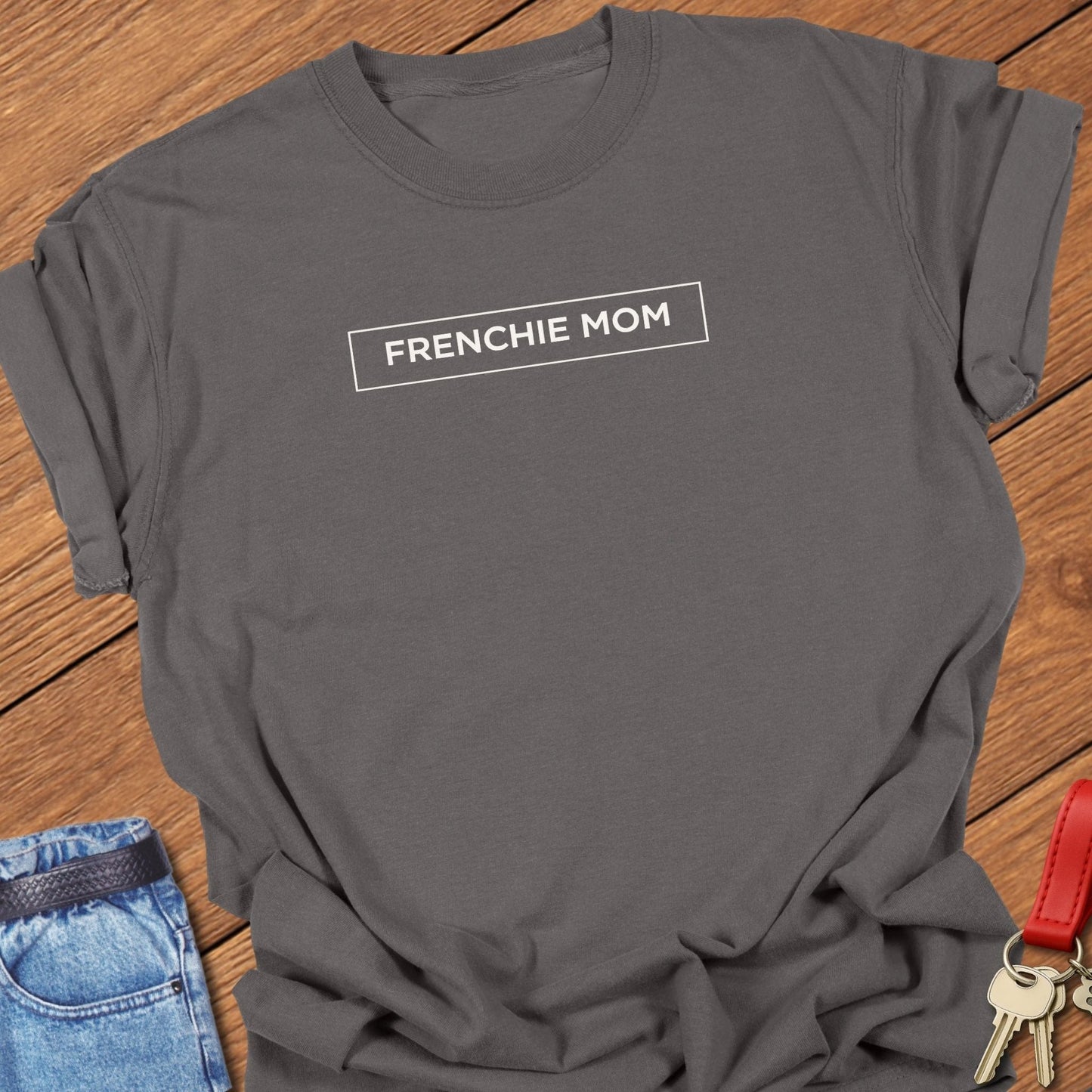 French bulldog frenchie mom text graphic printed on pepper Comfort Colors t shirt.