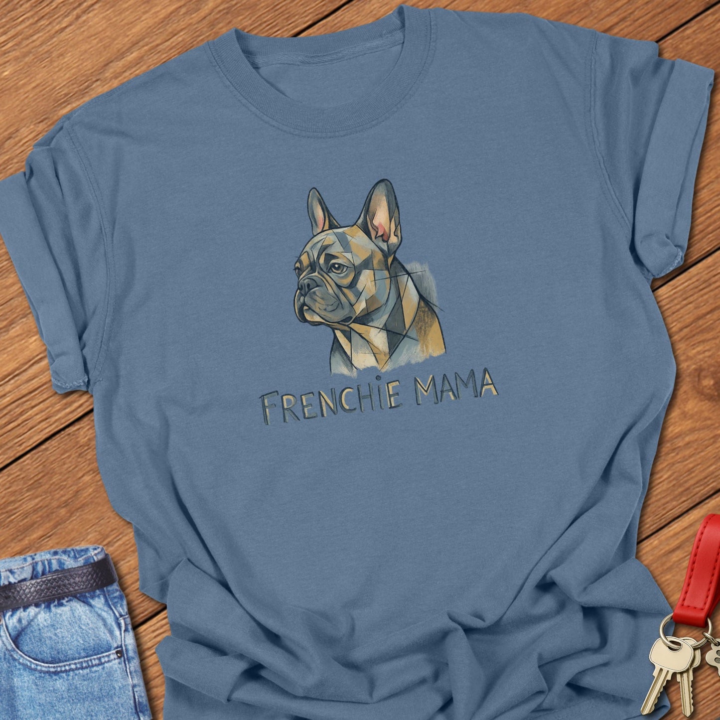French bulldog geometric portrait with “Frenchie Mama” text printed on blue jean Comfort Colors t shirt