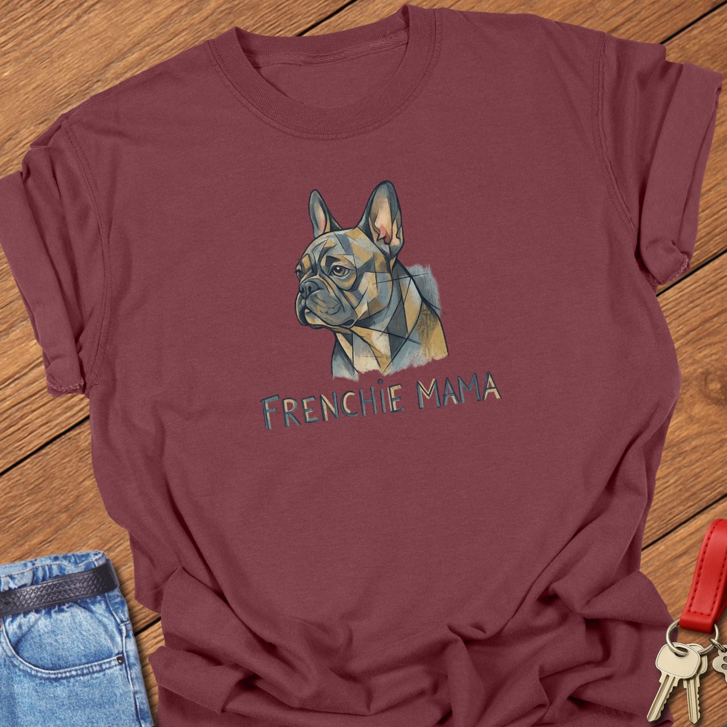 French bulldog geometric portrait with “Frenchie Mama” text printed on brick Comfort Colors t shirt