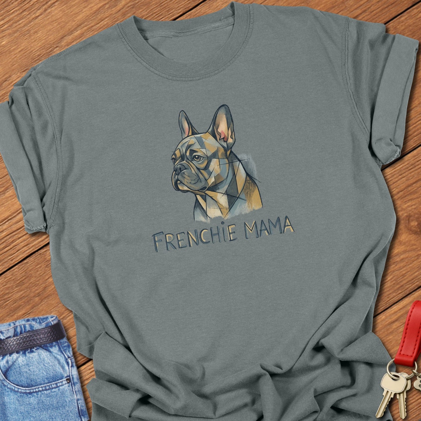 French bulldog geometric portrait with “Frenchie Mama” text printed on granite Comfort Colors t shirt