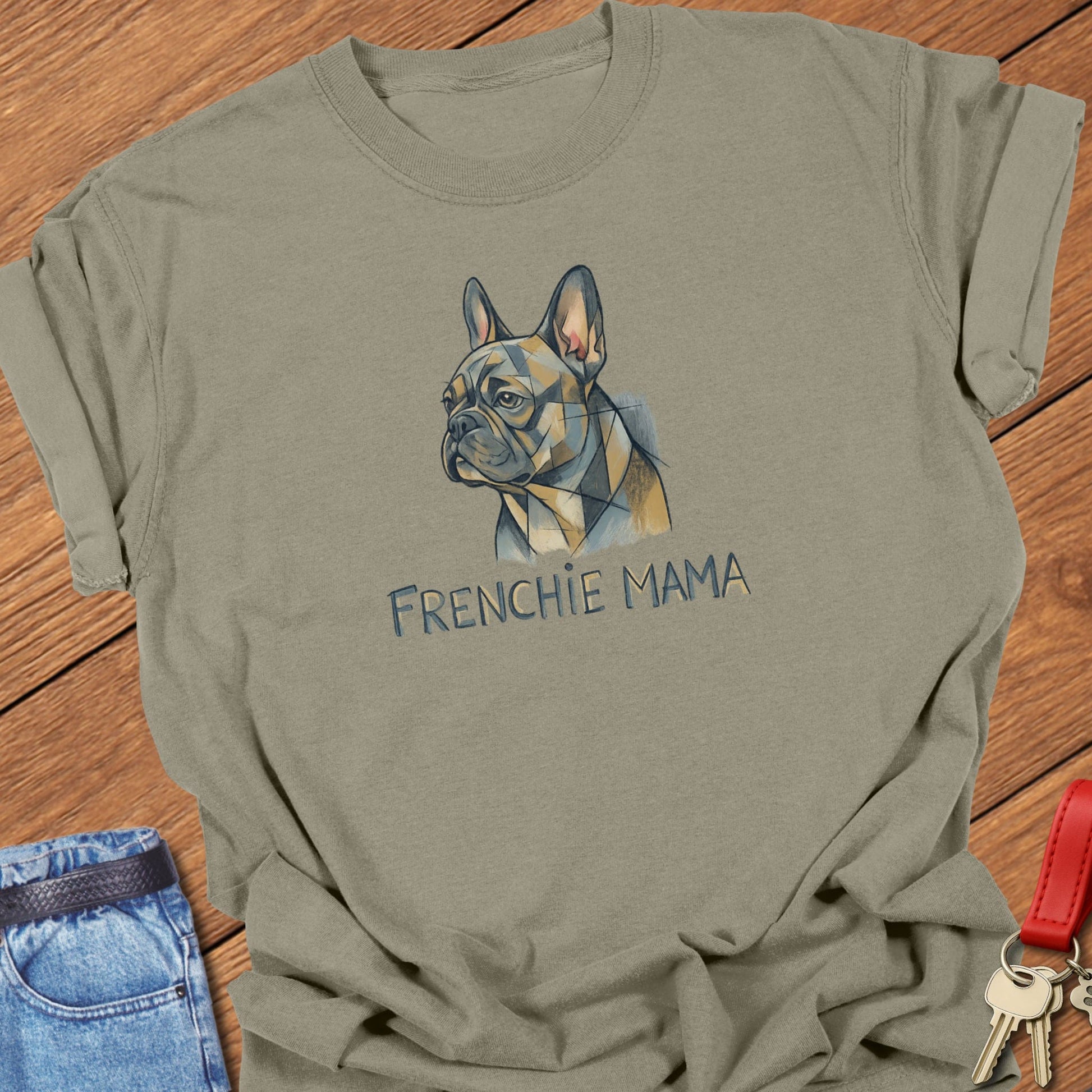 French bulldog geometric portrait with “Frenchie Mama” text printed on khaki Comfort Colors t shirt