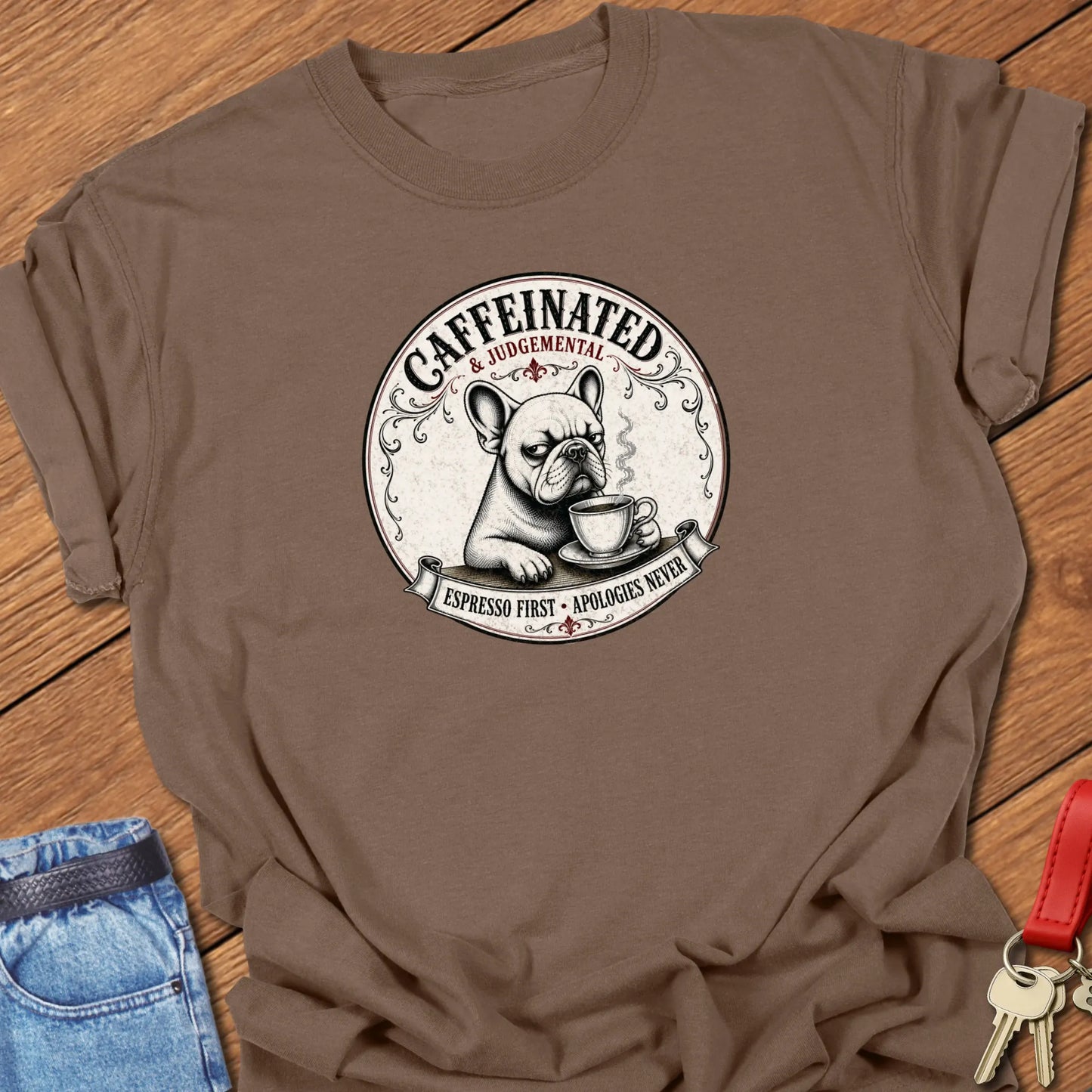 Espresso First French Bulldog graphic t-shirt featuring "Caffeinated & Judgemental" and "Espresso First. Apologies Never." slogans with vintage café artwork in Espresso color.