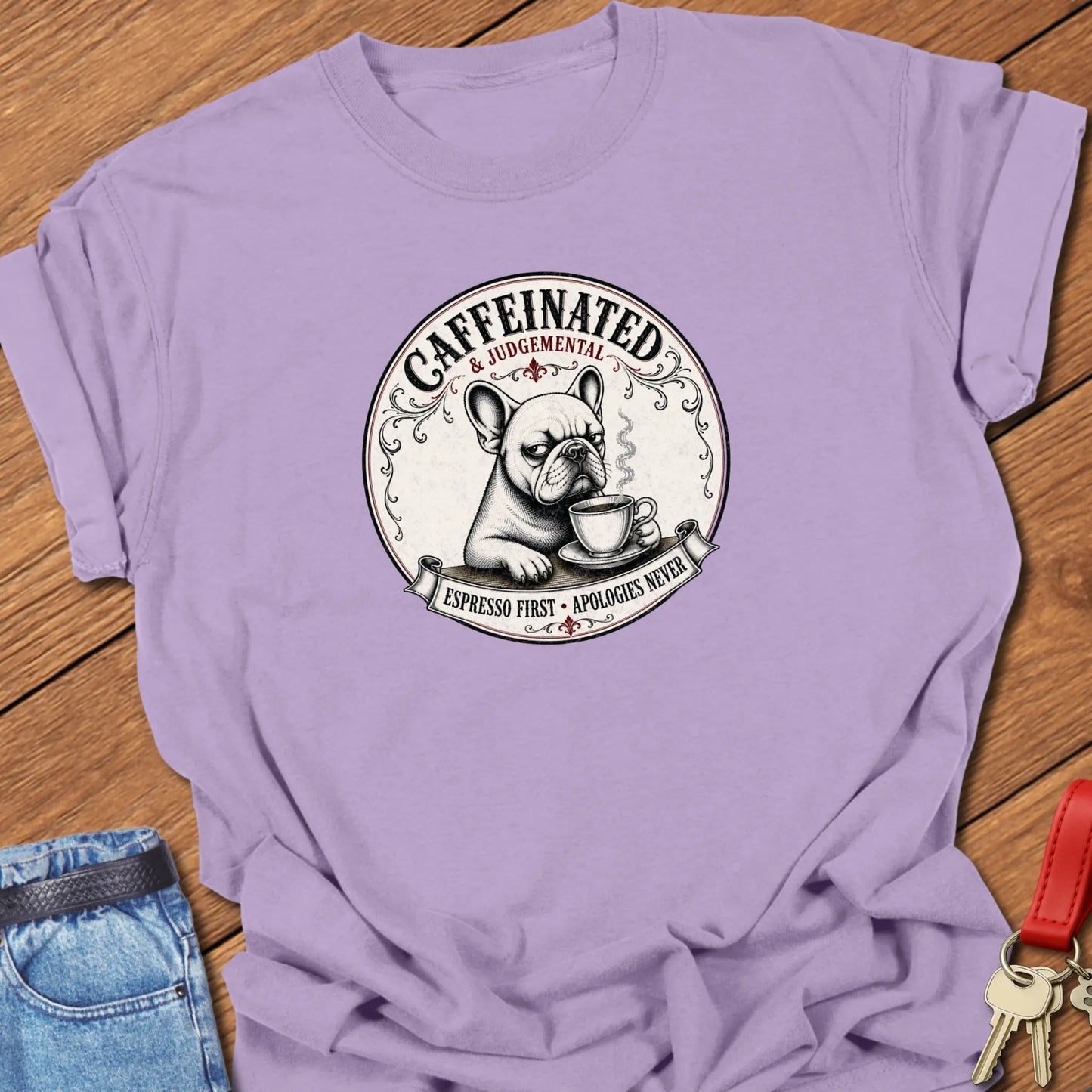 Espresso First French Bulldog graphic t-shirt featuring "Caffeinated & Judgemental" and "Espresso First. Apologies Never." slogans with vintage café artwork in Orchid color.