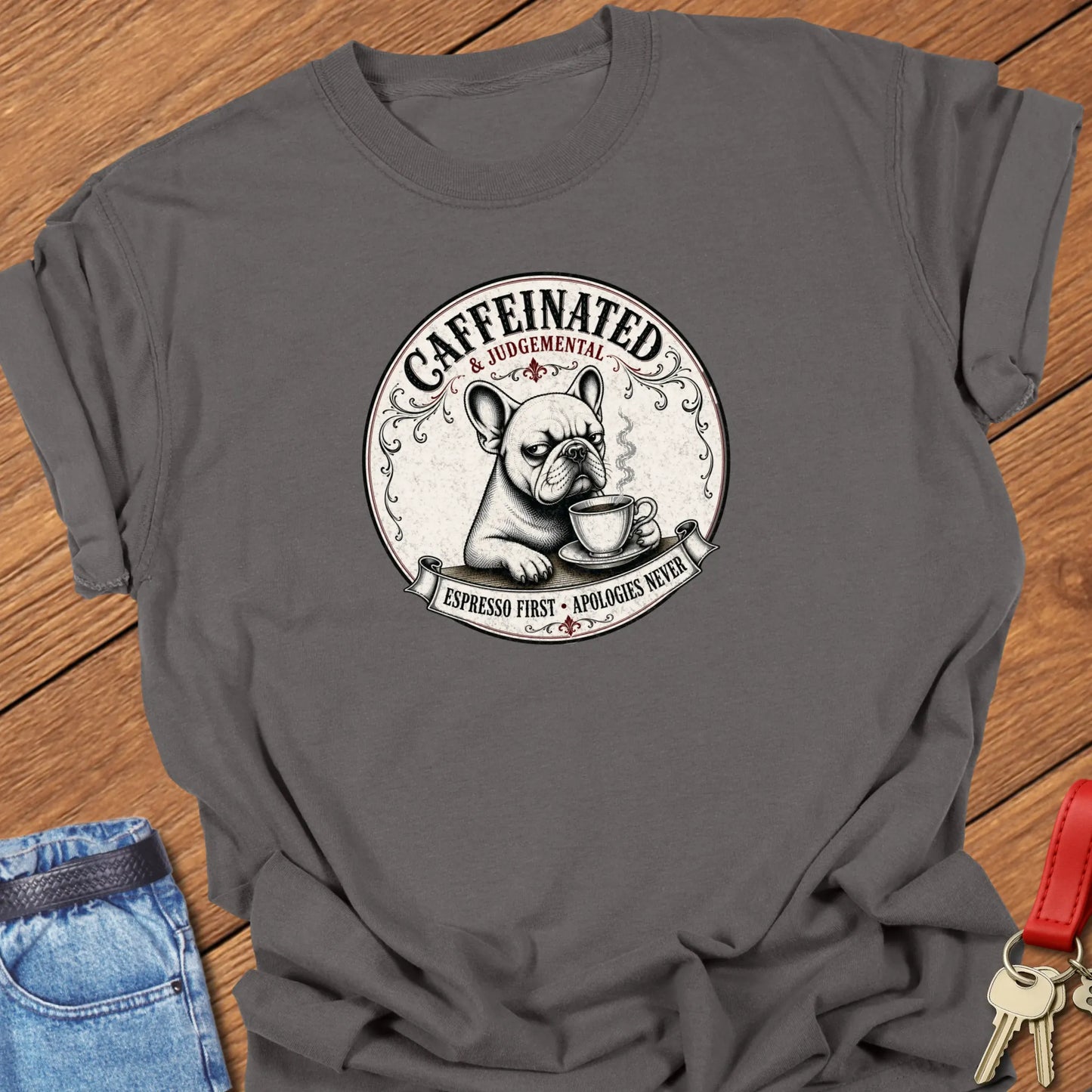 Espresso First French Bulldog graphic t-shirt featuring "Caffeinated & Judgemental" and "Espresso First. Apologies Never." slogans with vintage café artwork in Pepper color.
