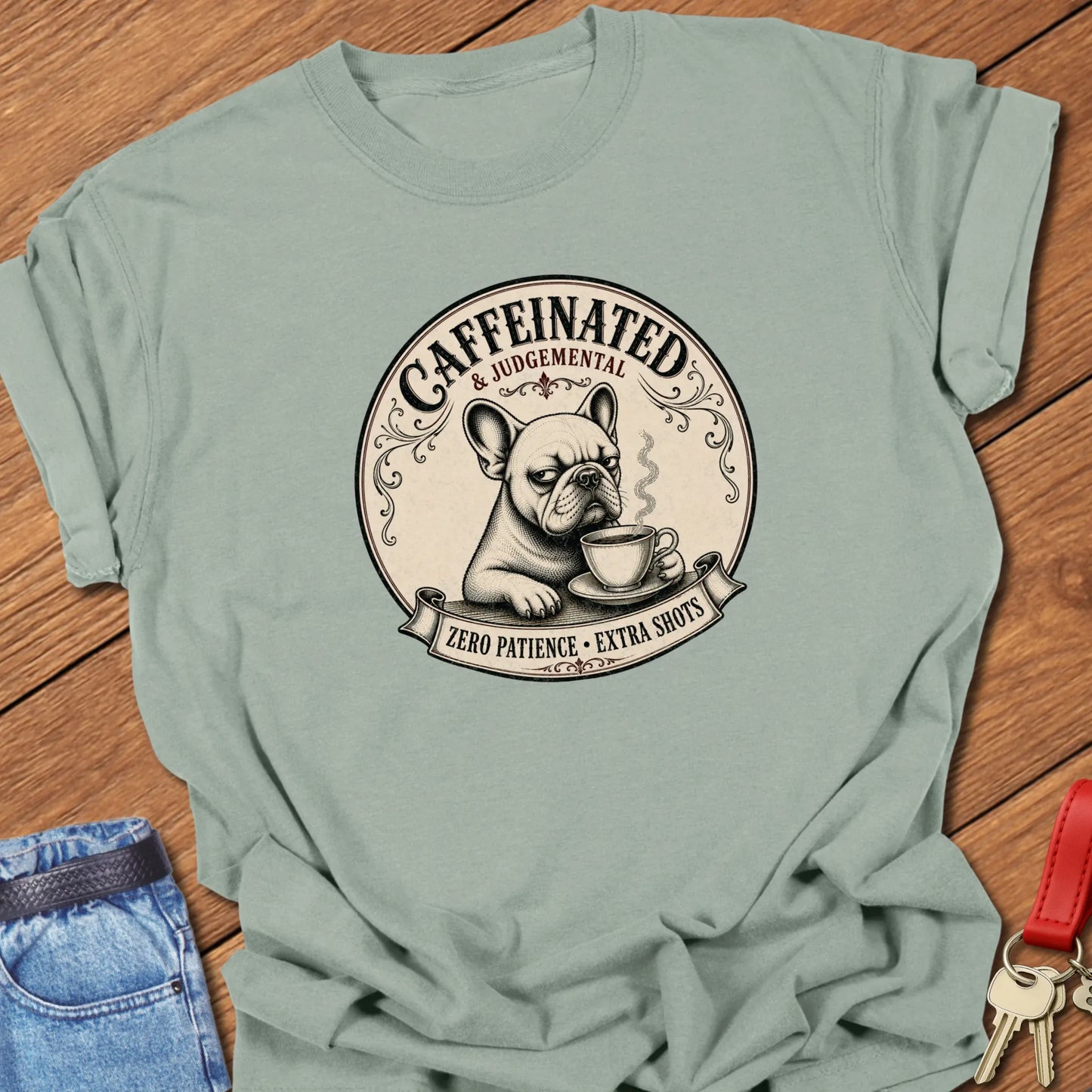 Extra Shots French Bulldog graphic t-shirt featuring "Caffeinated & Judgemental" and "Zero Patience. Extra Shots." slogans with vintage café artwork in Bay color.