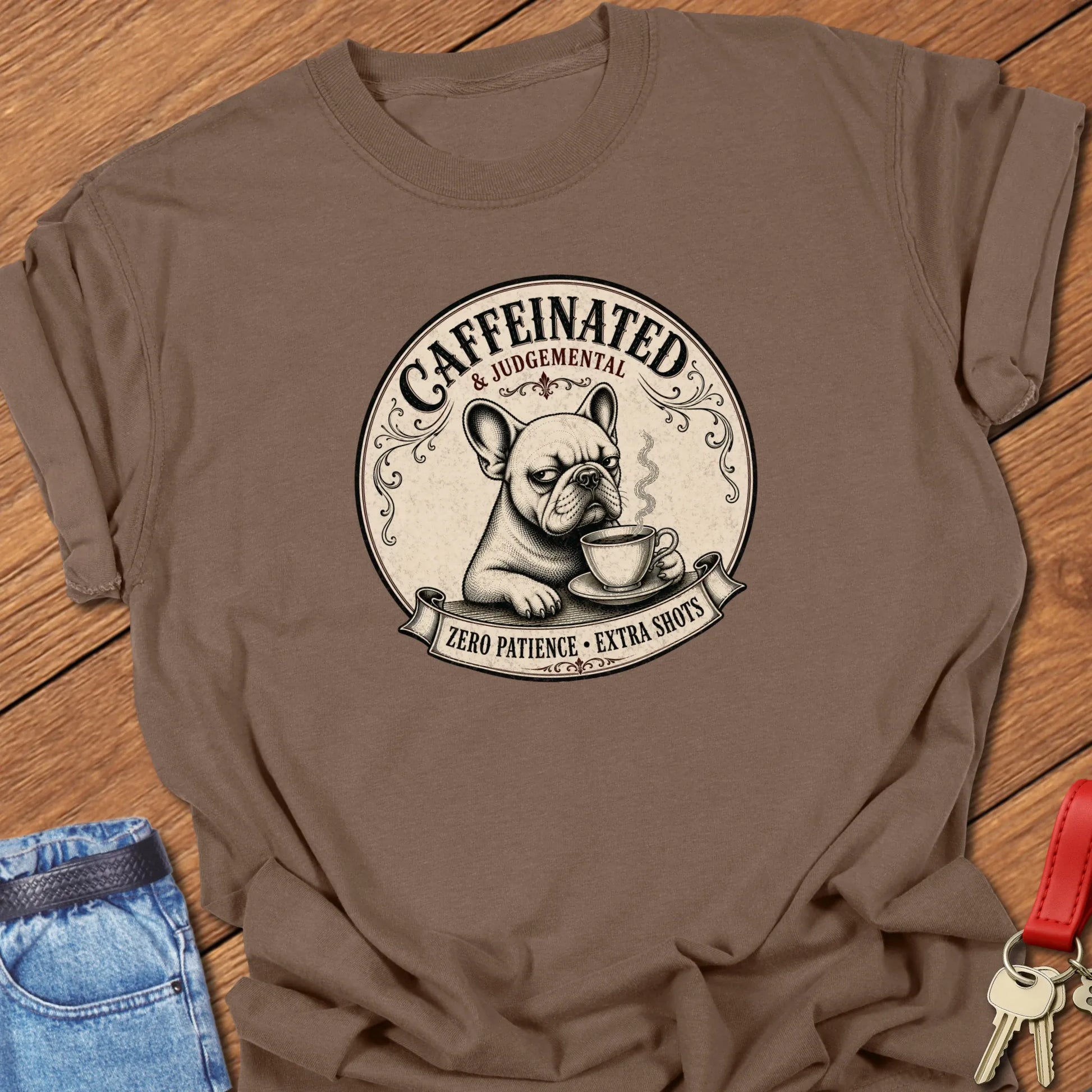 Extra Shots French Bulldog graphic t-shirt featuring "Caffeinated & Judgemental" and "Zero Patience. Extra Shots." slogans with vintage café artwork in Espresso color.