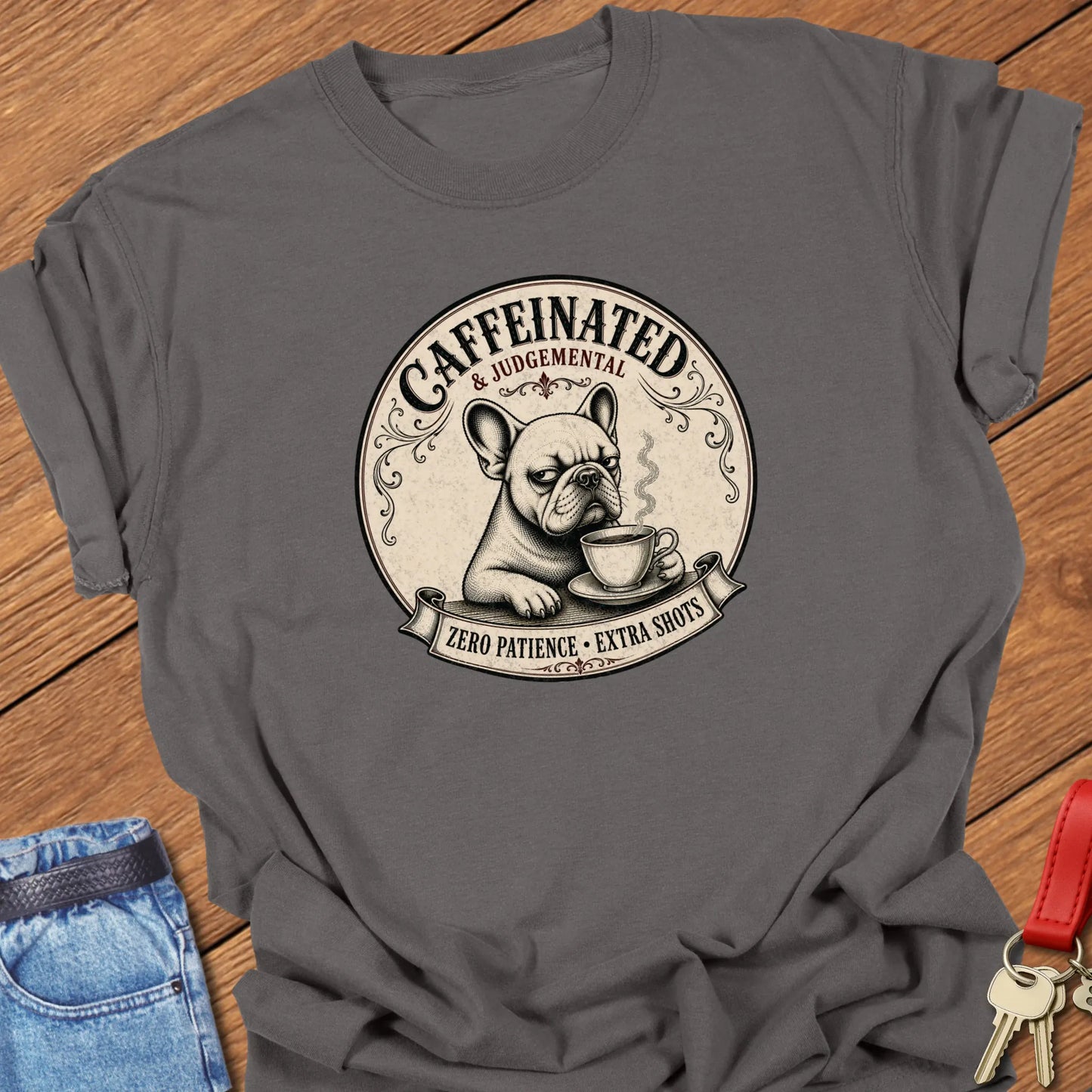 Extra Shots French Bulldog graphic t-shirt featuring "Caffeinated & Judgemental" and "Zero Patience. Extra Shots." slogans with vintage café artwork in Pepper color.