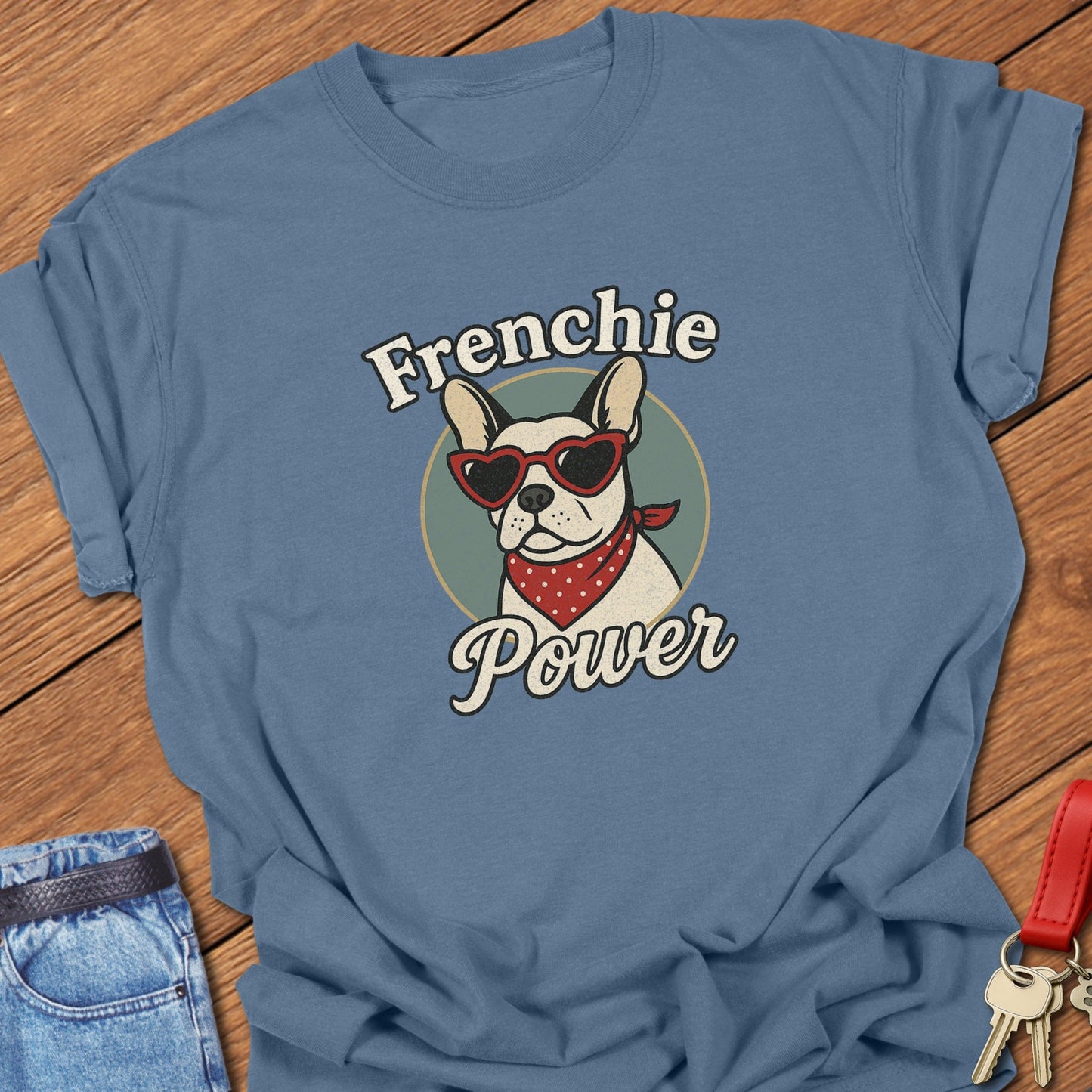 French bulldog sunglasses graphic design printed on blue jean Comfort Colors t shirt