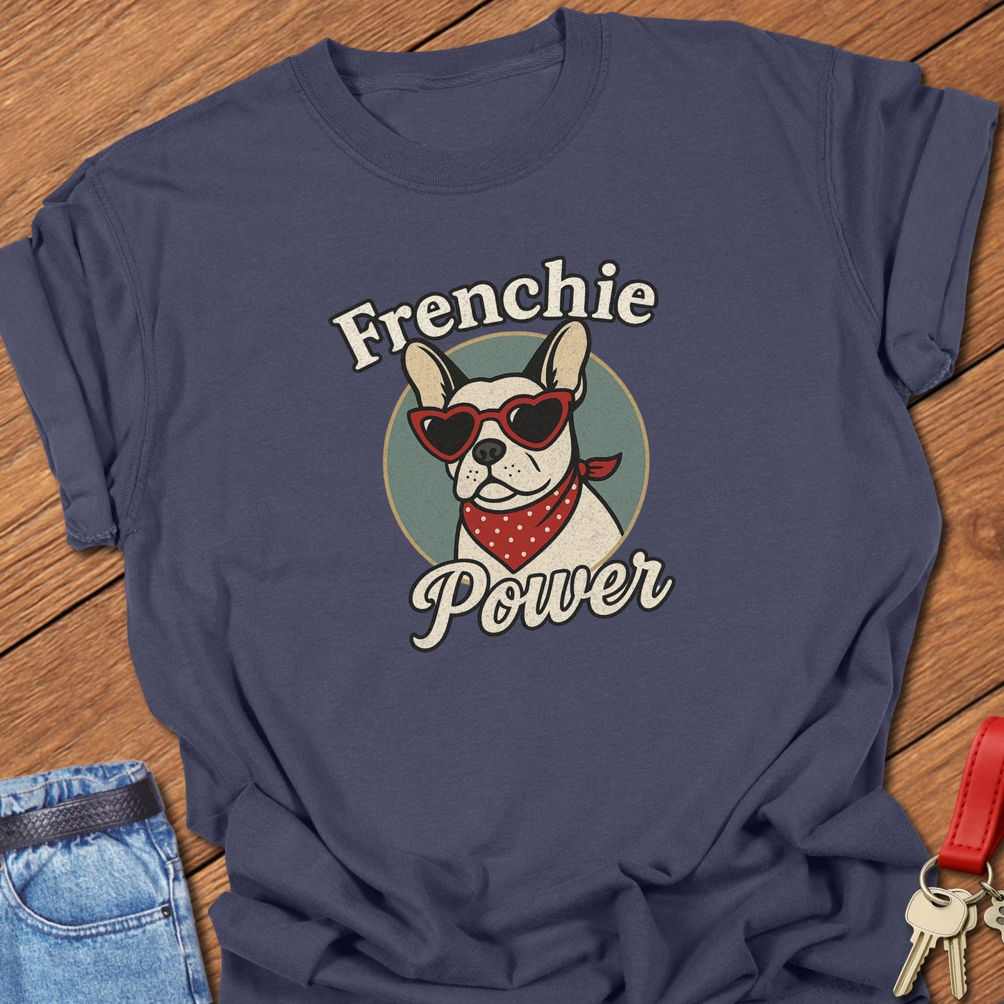 French bulldog sunglasses graphic design printed on navy Comfort Colors t shirt
