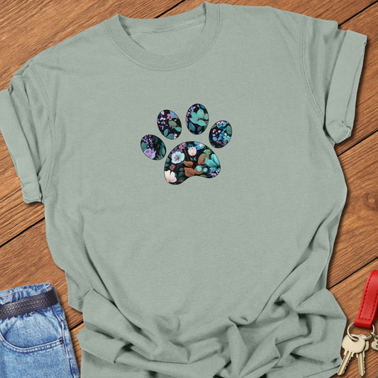 Floral paw print design featuring botanical flowers and leaves arranged inside a paw silhouette for a French Bulldog dog lover t-shirt printed on a Bay Comfort Colors garment dyed cotton.