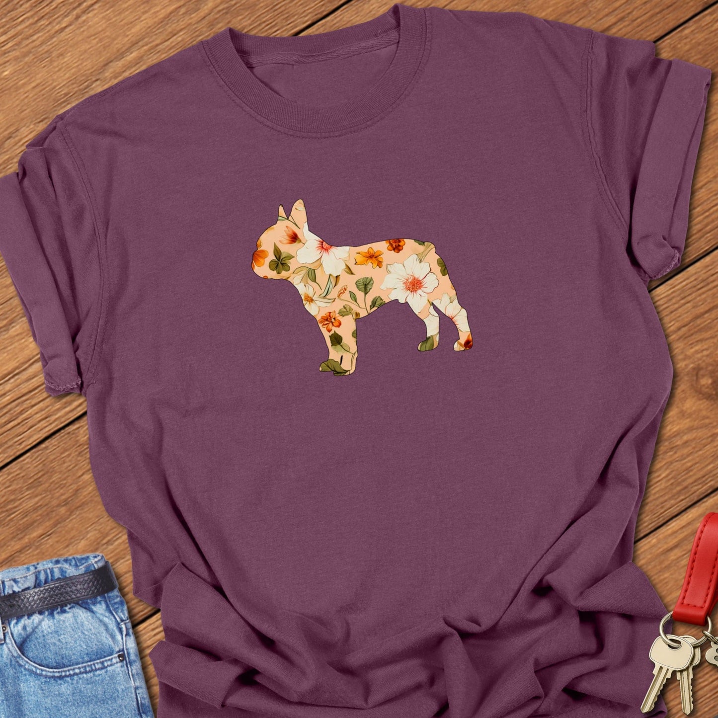 French bulldog floral silhouette illustration printed on berry Comfort Colors t shirt