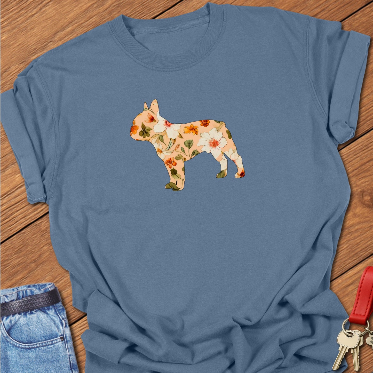 French bulldog floral silhouette illustration printed on blue jean Comfort Colors t shirt
